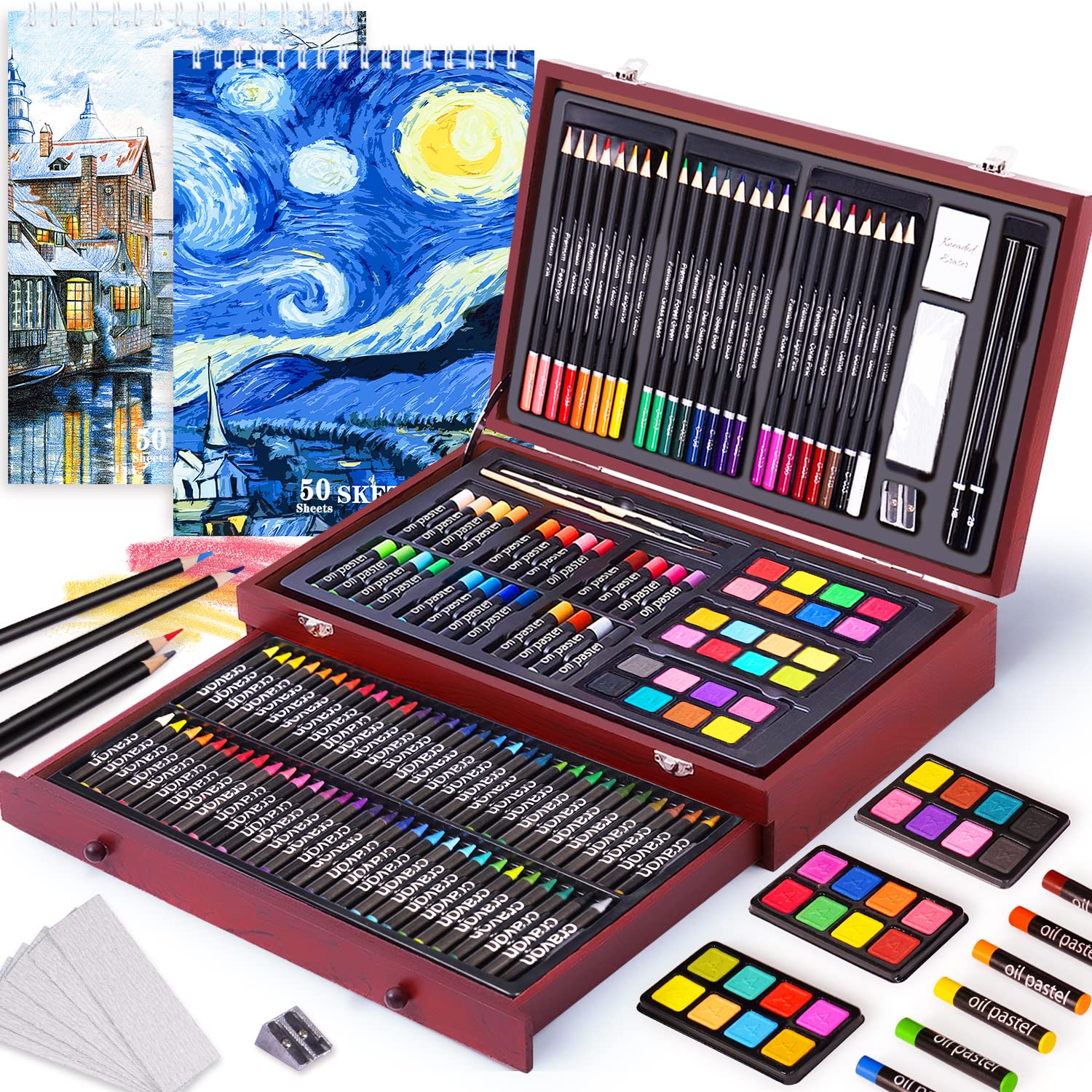 145 Piece Deluxe Art Set with 2 x 50 Sheet Drawing Pad Art Supplies Wooden Art  Box Drawing Painting Kit with Crayons Oil Pastels Colored Pencils Creative  Gift Box for Adults Artist