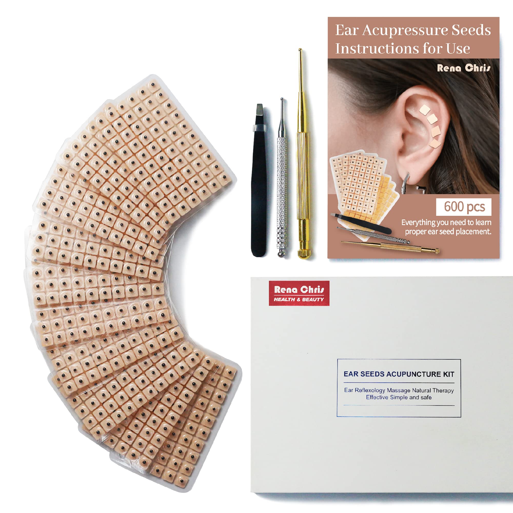 Acupuncture Kit with 600 Ear Press Seeds, Pen, Ear Chart & Tweezers