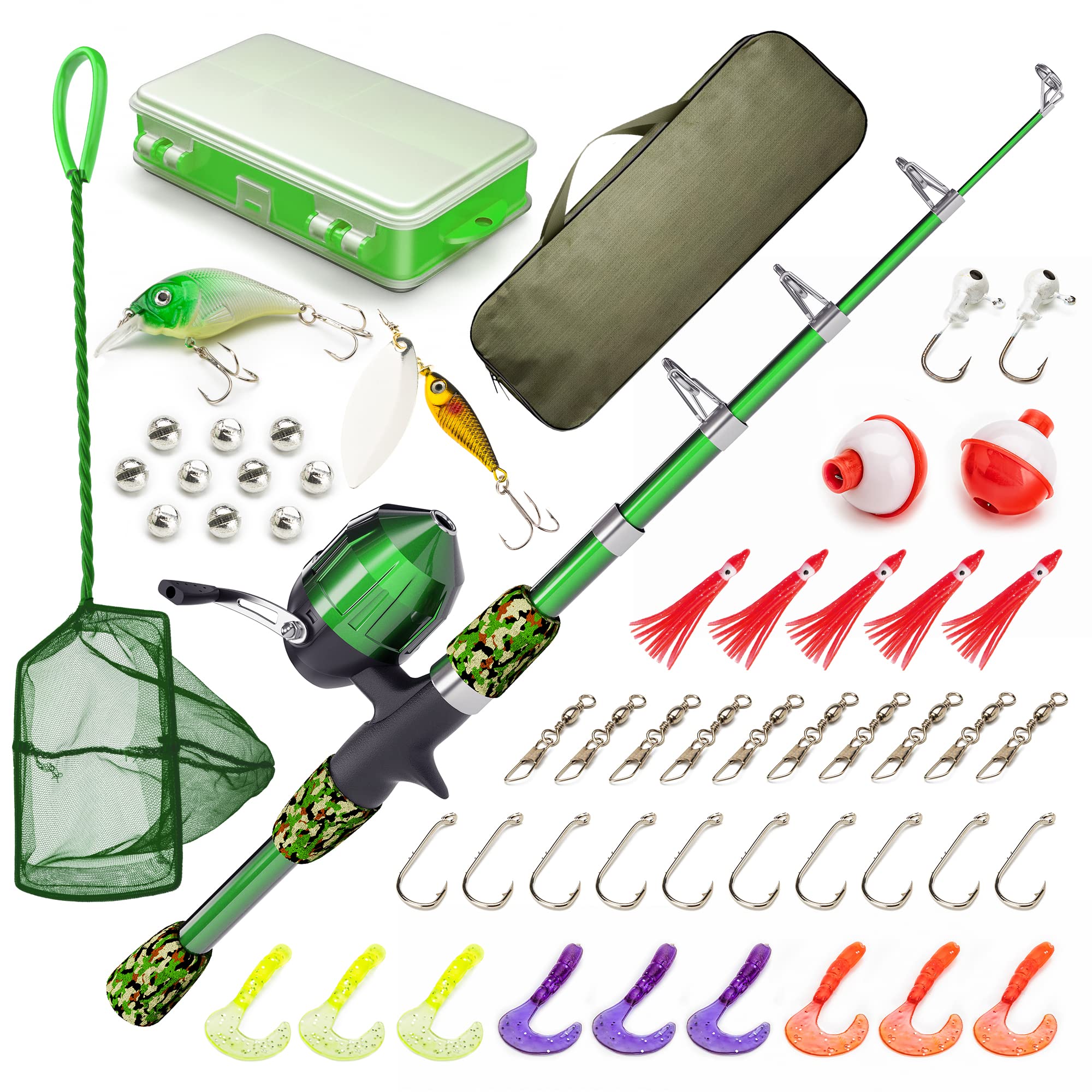 Fishing Pole and Tackle Box Kit with Fishing Rod, Line, Hook, Reel, Bait,  Bait Box and Canvas Bag for Girls, Boys and Youth