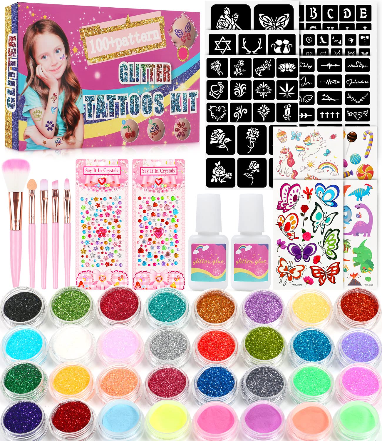 CkFyahp Temporary Glitter Tattoo Kit for Kids with 30 Glitter Colors 6  Fluorescent Colors 119 Unique Stencils 3 Body Glue 5 Brushes Arts Glitter  Make Up Set for Birthdays Party Favor Supplies
