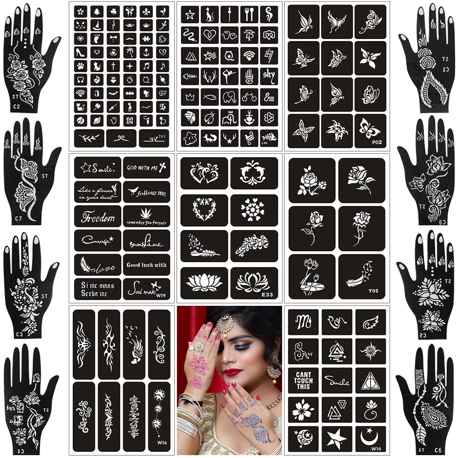 GFHIH henna tattoo template 100 pieces, 22 black tattoo templates