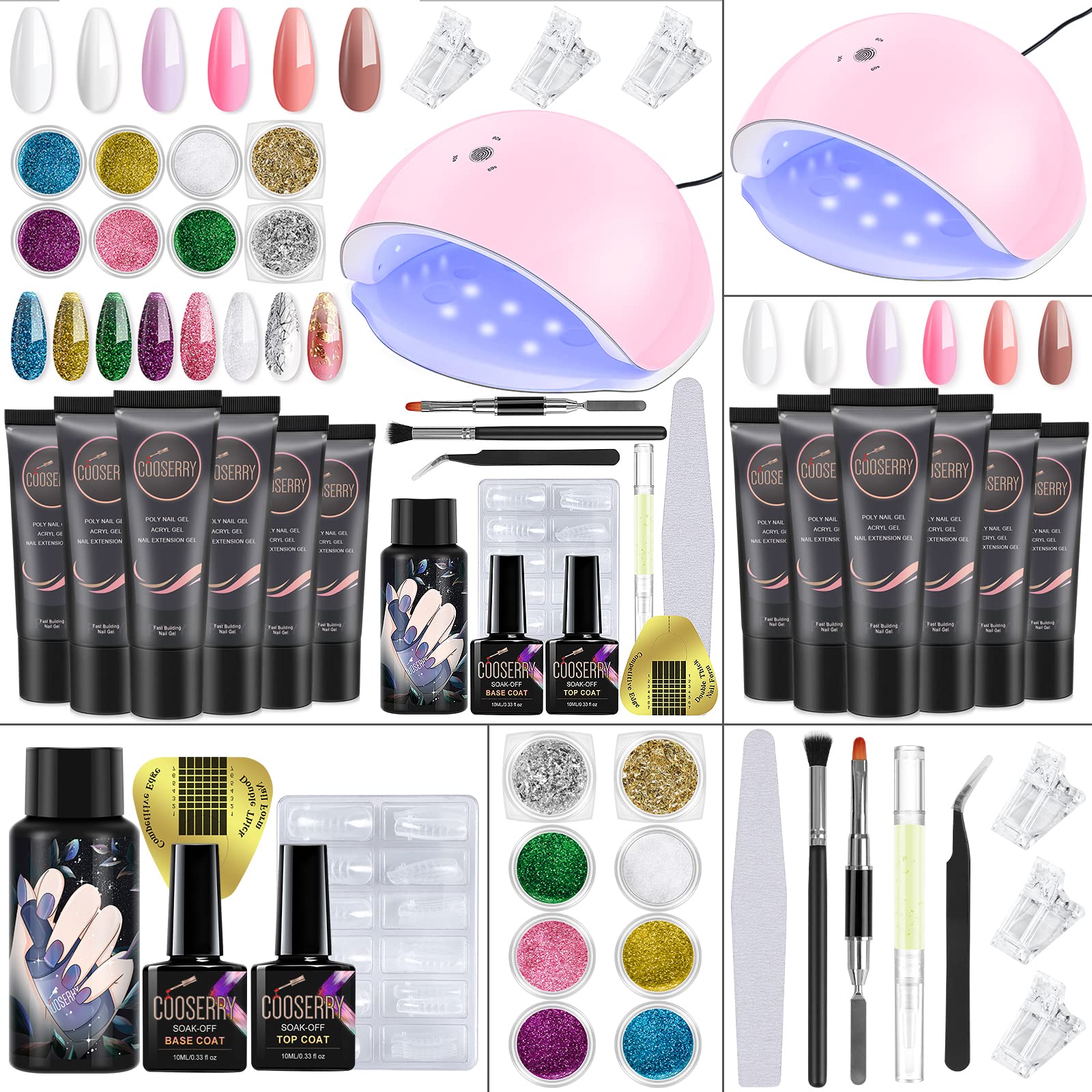 Cooserry Poly Gel Nail Kit With Lamp, 6 Colors Builder Gel ...