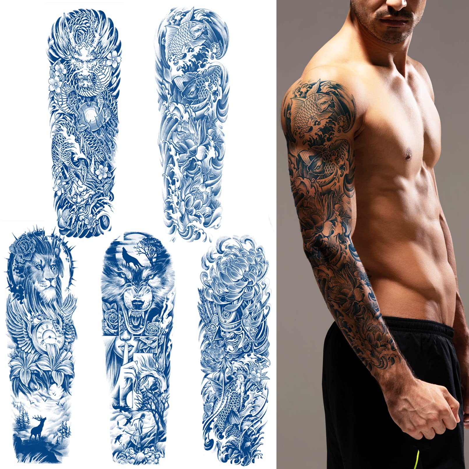 Large Arm Sleeve Tattoo Japanese Prajna Carp Dragon Waterproof Temporary  Sticker | eBay