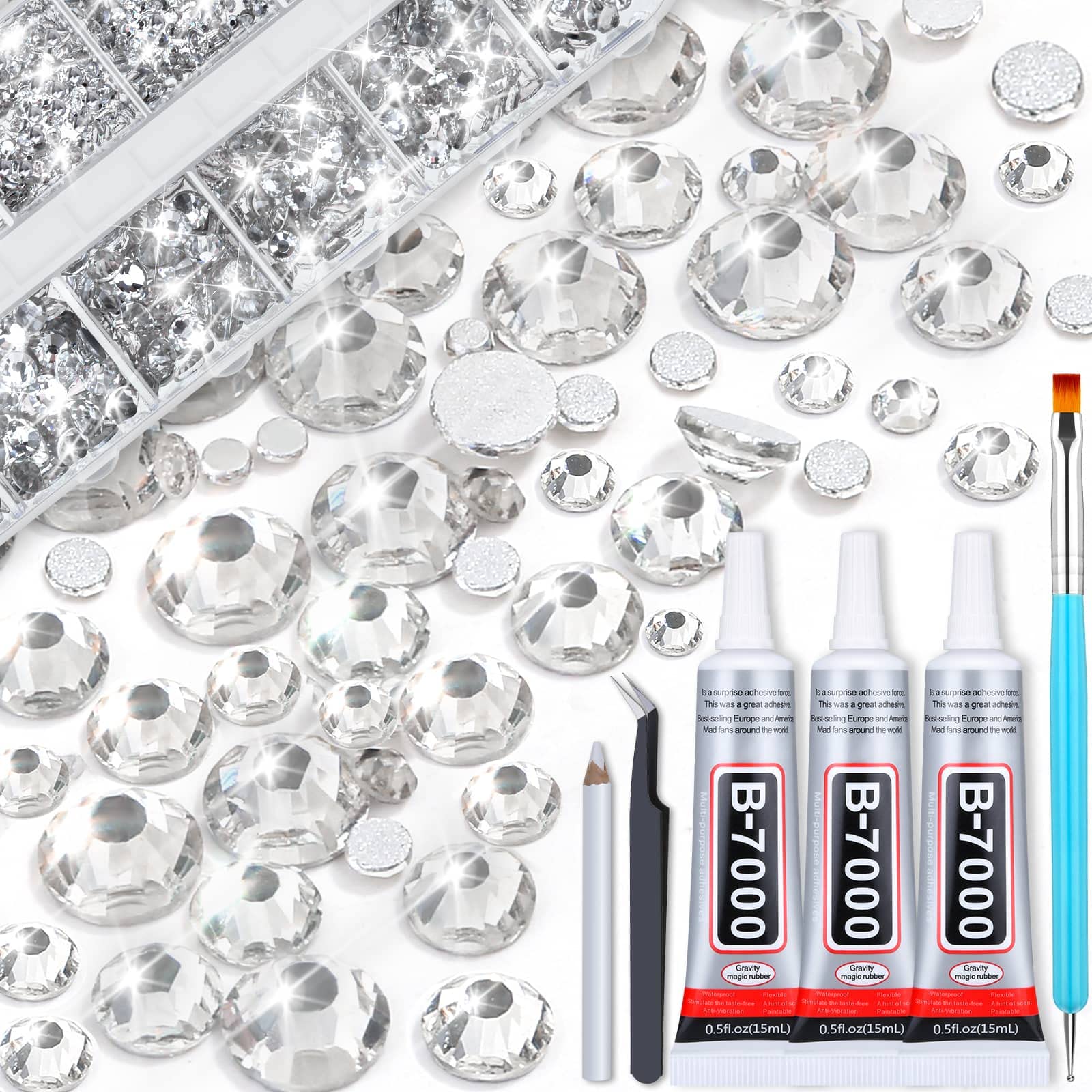 B7000 Rhinestones Clear Glue with Rhinestones for Crafts, 3600Pcs Face Gems Clear  Rhinestones Kit 6 Sizes (1.5-6 mm) with Fabric Glue for Clothes Shoes Nail  Art Face Gems Jewelry