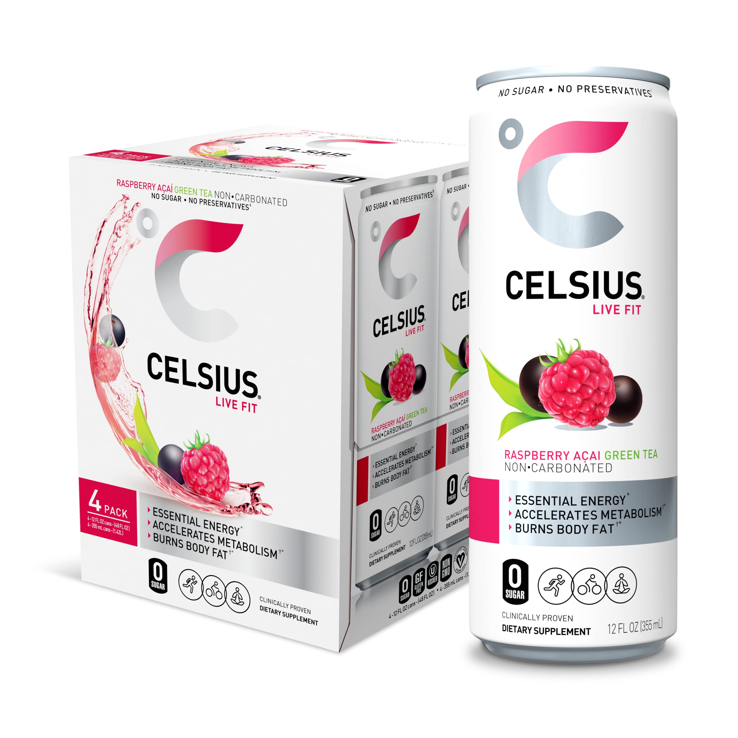 CELSIUS Essential Energy Drink , Raspberry Acai Green Tea 12 Fl Oz ...