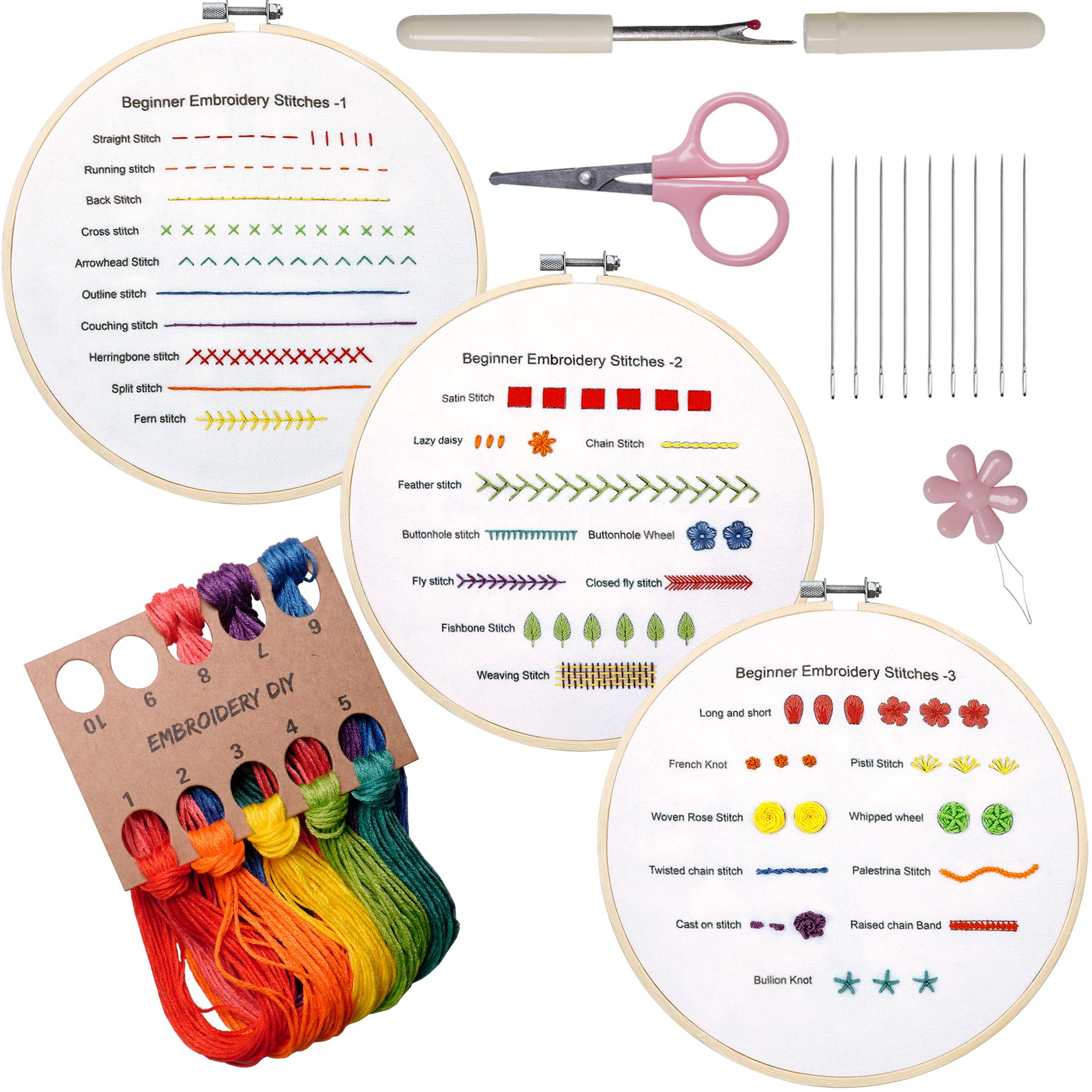 Rowphya Beginners Embroidery Stitch Practice Kit, 3 Sets Embroidery Kit to Learn 30 Different Stitches for Craft Lover Hand Stitch with Embroidery