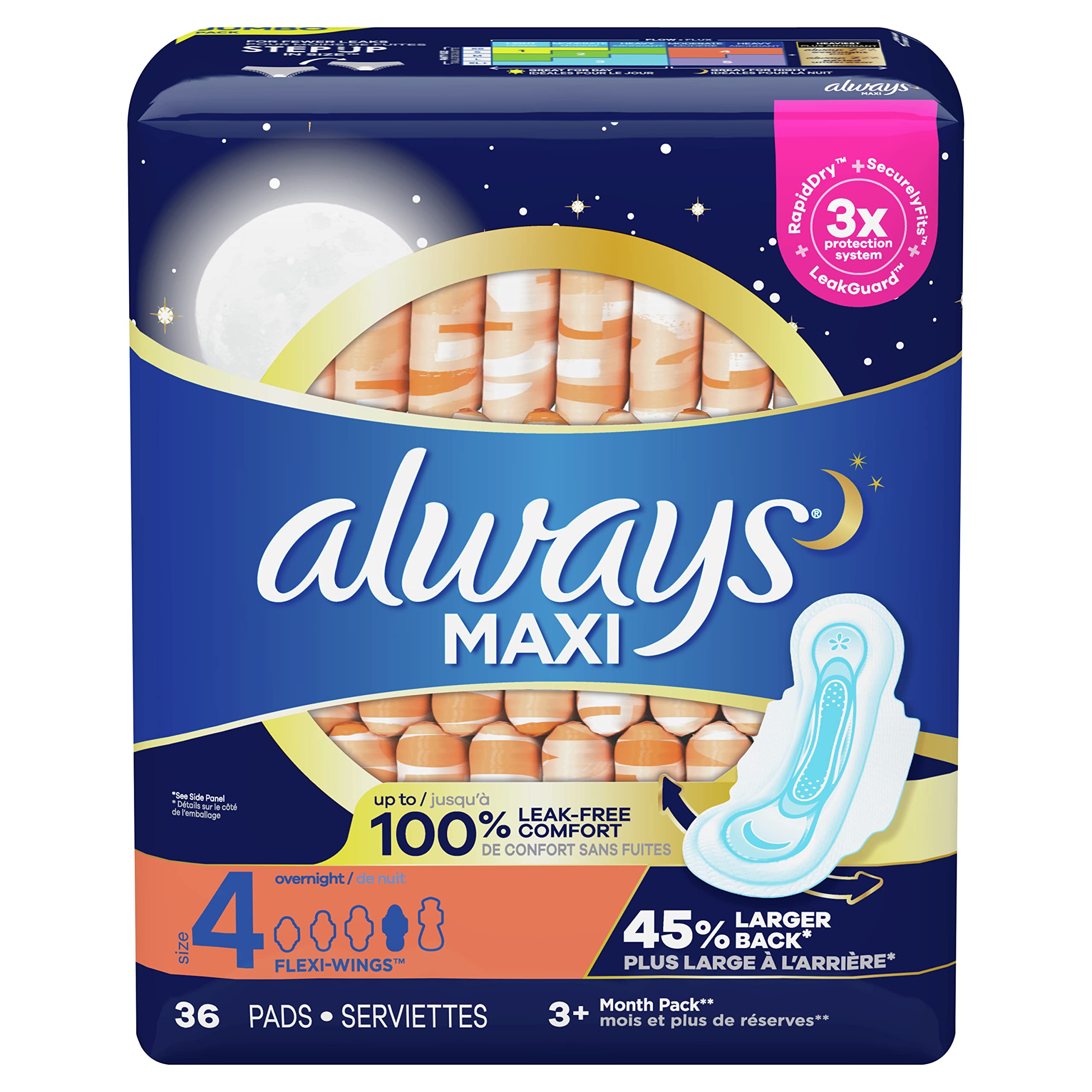 Always Maxi Unscented Pads with Wings Overnight 36 Count (Pack of 2)