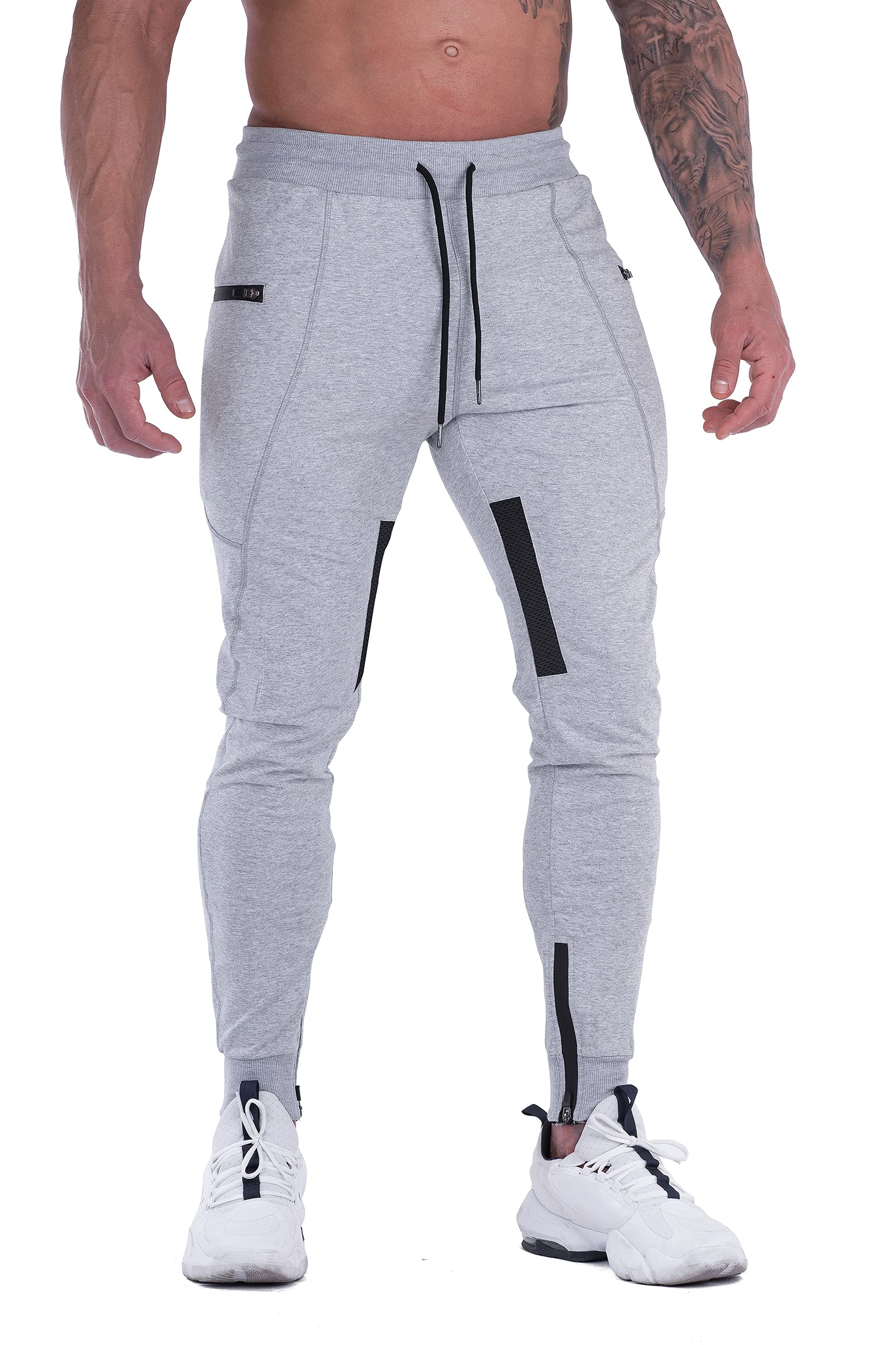 FIRSTGYM Mens Joggers Sweatpants Slim Fit Workout Training Thigh Mesh Gym  Jogger Pants with Zipper Pockets Light Grey Large