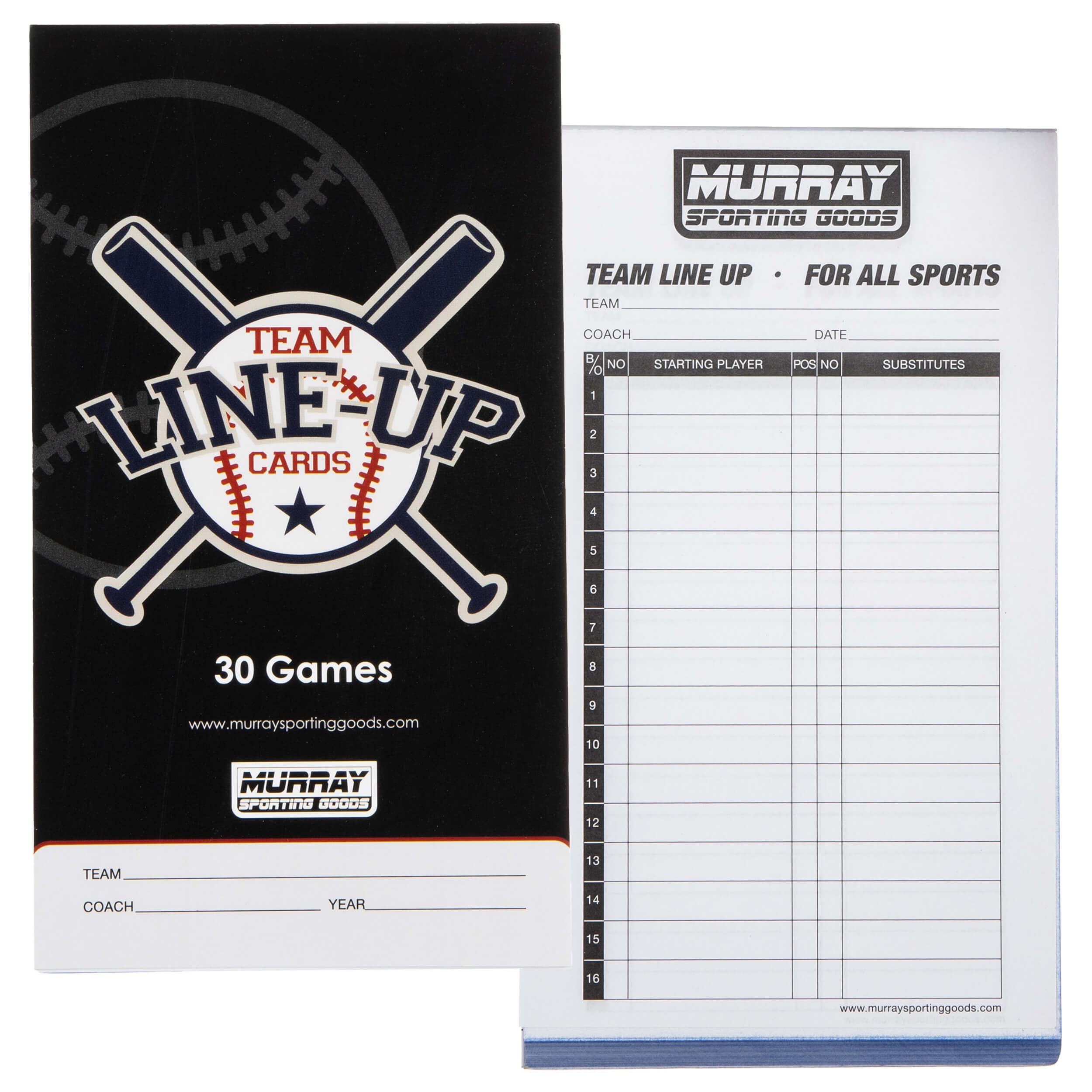 Murray Sporting Goods Baseball/Softball Lineup Cards - 30 Games with 16 Player Roster Lineup Sheet (4-Part Carbon copies)