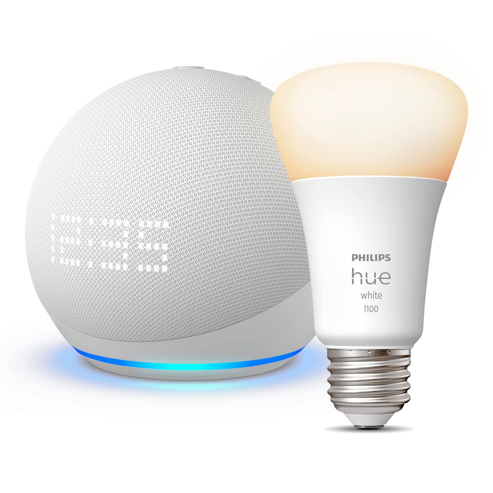 Echo Dot (5th Gen) with Clock  Glacier White with Philips Hue White Smart  Bulb