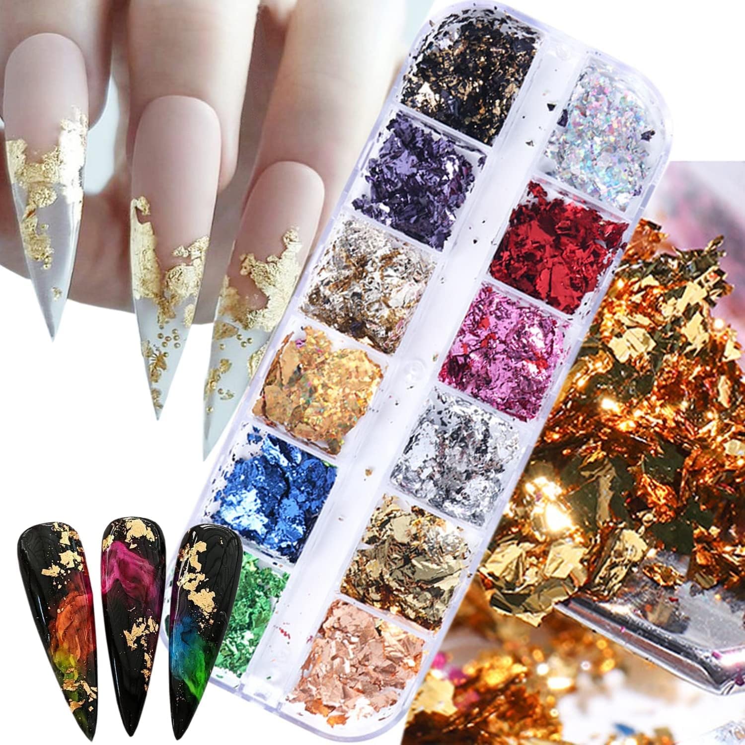 Gold Foil Nail Art Set Nail Art Decals Stickers Fragments Nail Foil Art  Nail Charms DIY Manicure Nails Design Decal Decoration Gold Silver Leaf  Flakes 12 Grids/Set