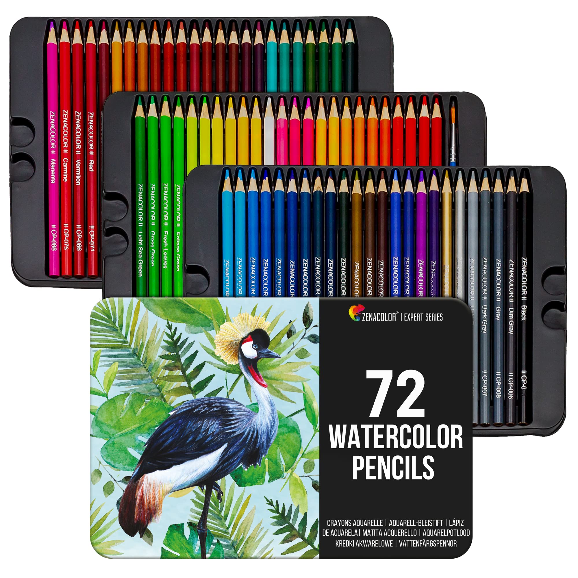 Zenacolor Professional Watercolor Pencils, Set of 72, Metal Box