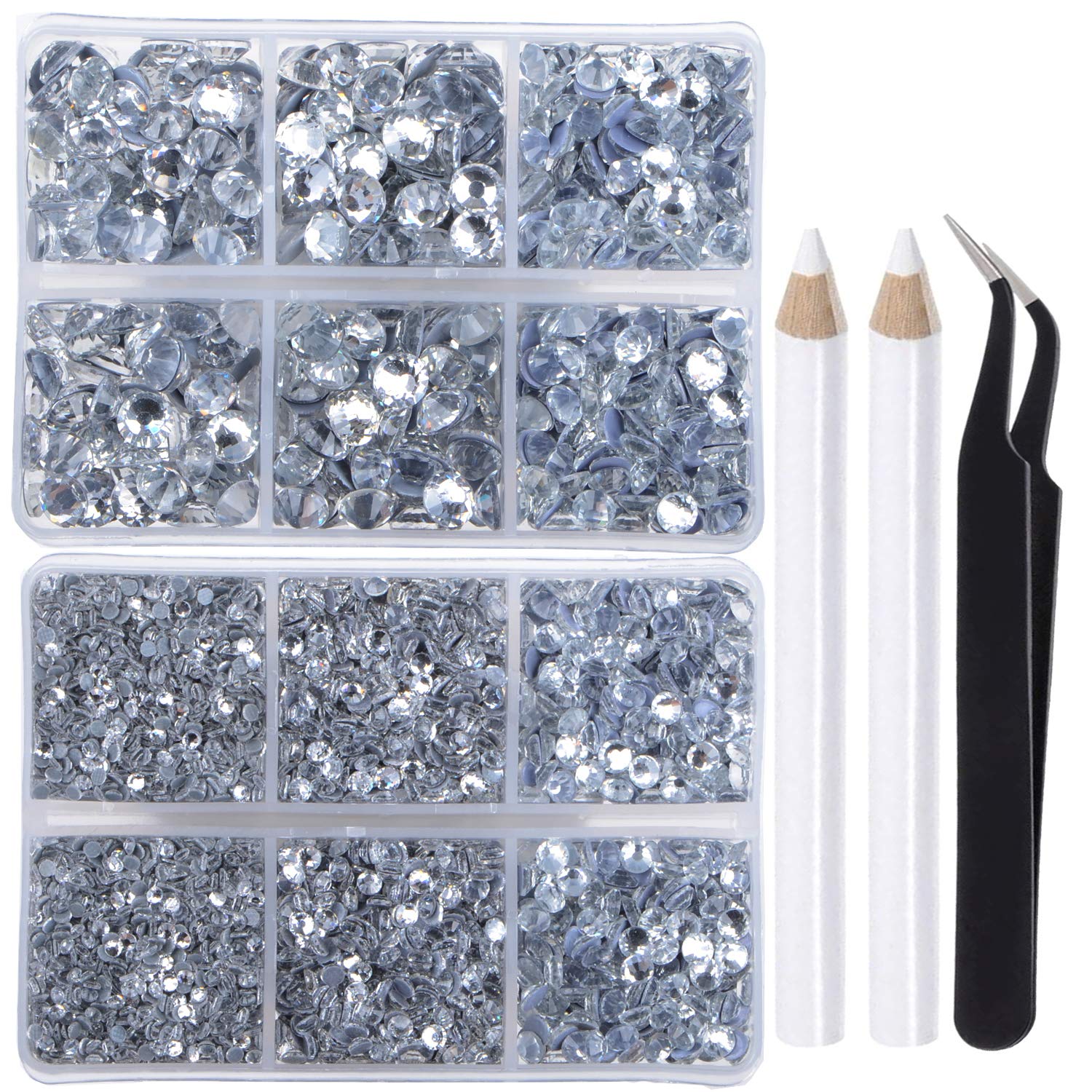LPBeads 6400 Pieces Hotfix Rhinestones Clear Flat Back 5 Mixed Sizes  Crystal Round Glass Gems with Tweezers and Picking Rhinestones Pen Mix  SS6-SS30 Clear