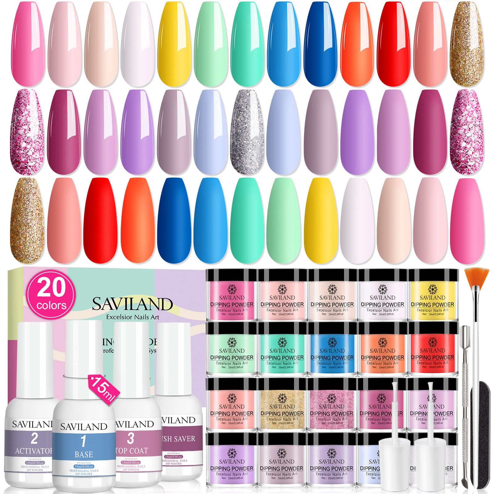 Saviland 29 Pcs Dip Powder Nail Kit Starter - 20 Colors Love of Sakura  Dipping Powder and Dip Liquid Set with Base Top Coat Activator Brush Saver  for DIY at Home and Salon…