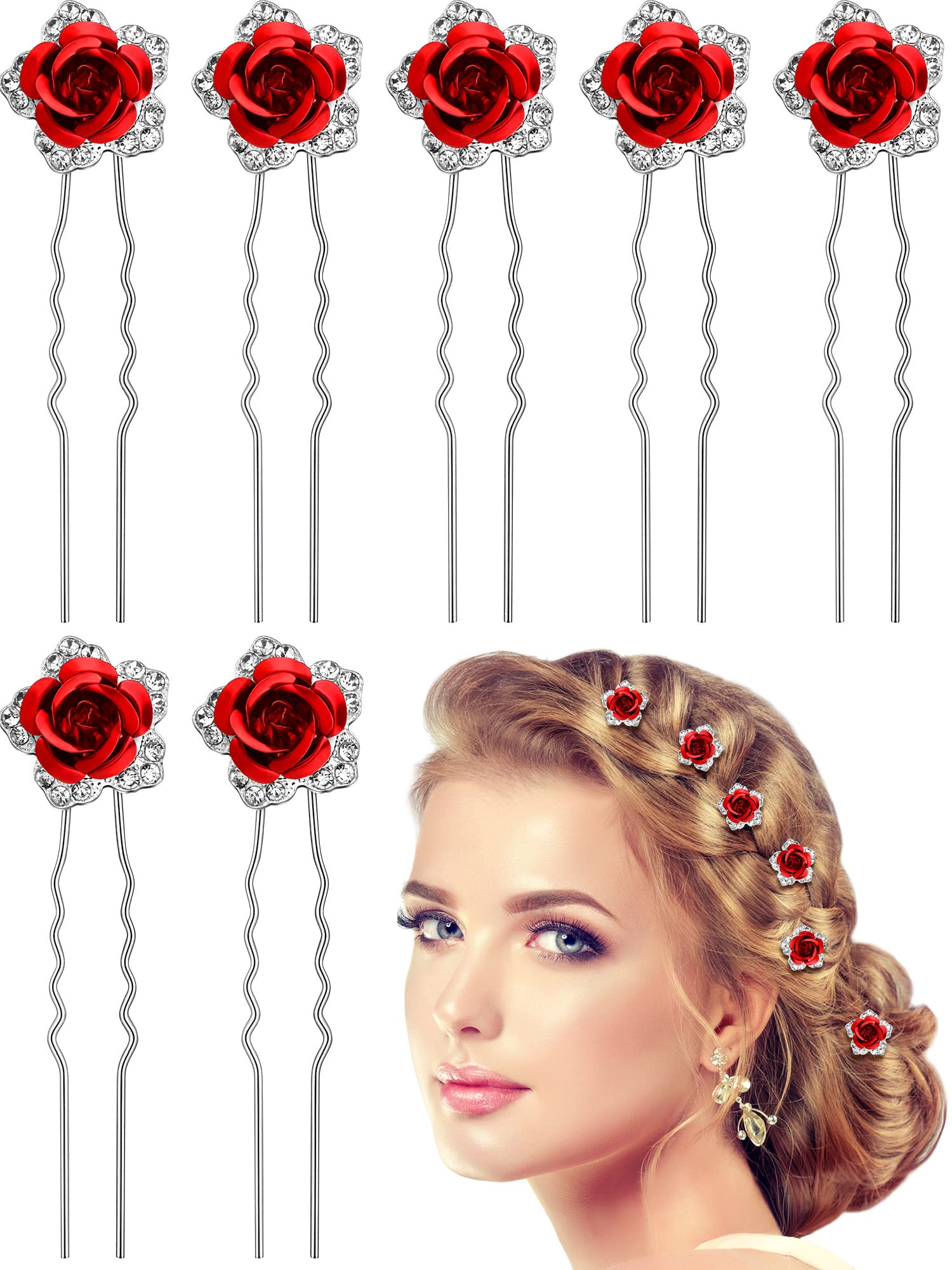 BBTO 12 Pieces Rose Flower Hair Pins Rhinestones Clip for Women