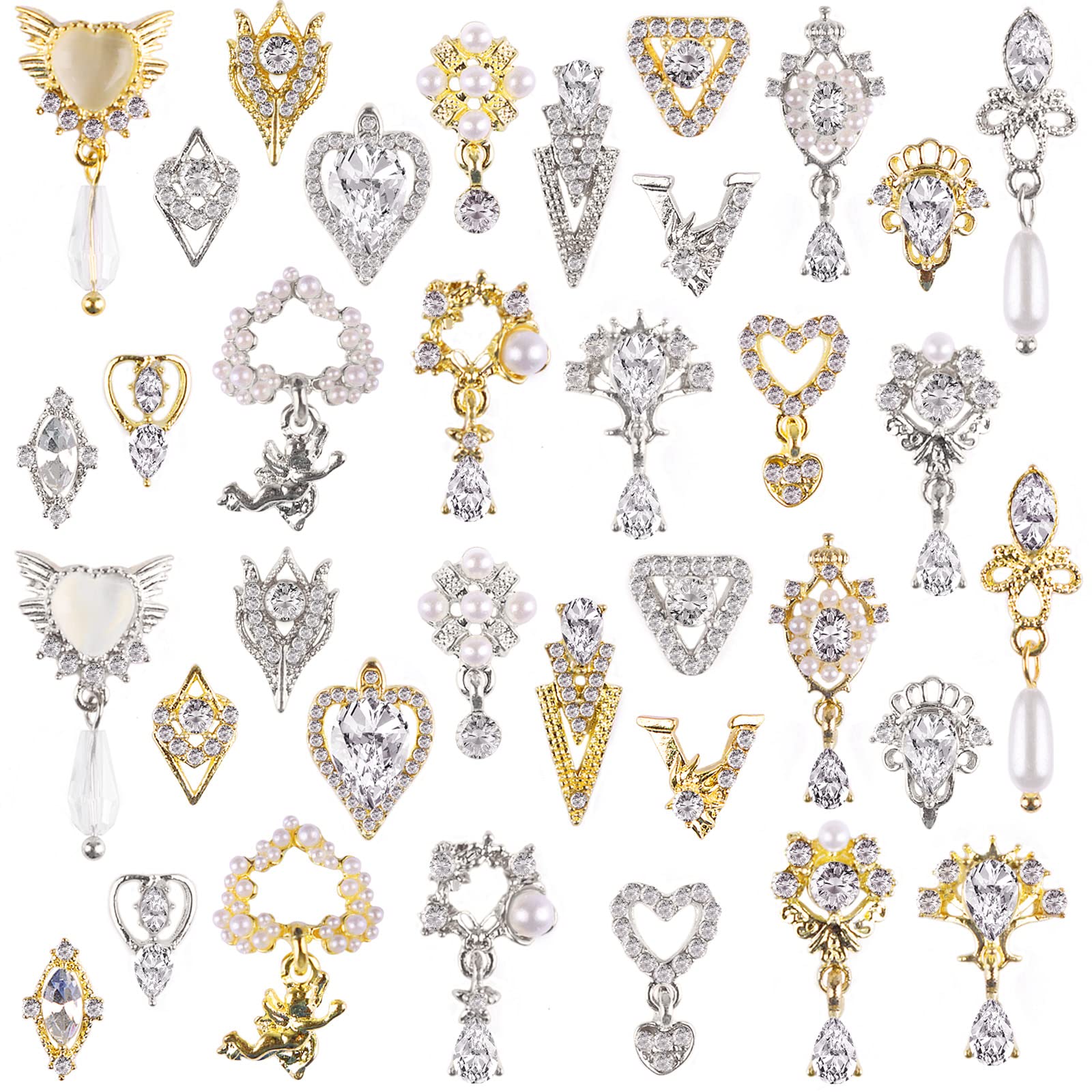 36 Pcs Luxury Nail Art Rhinestone, TOROKOM 3D Dangle Nail Art Charms Gold  Silver Heart Pearl Crystal Gems Nail Diamond for Girl Women DIY Nail Design  Craft Jewelry Making Dangle Nail Charms