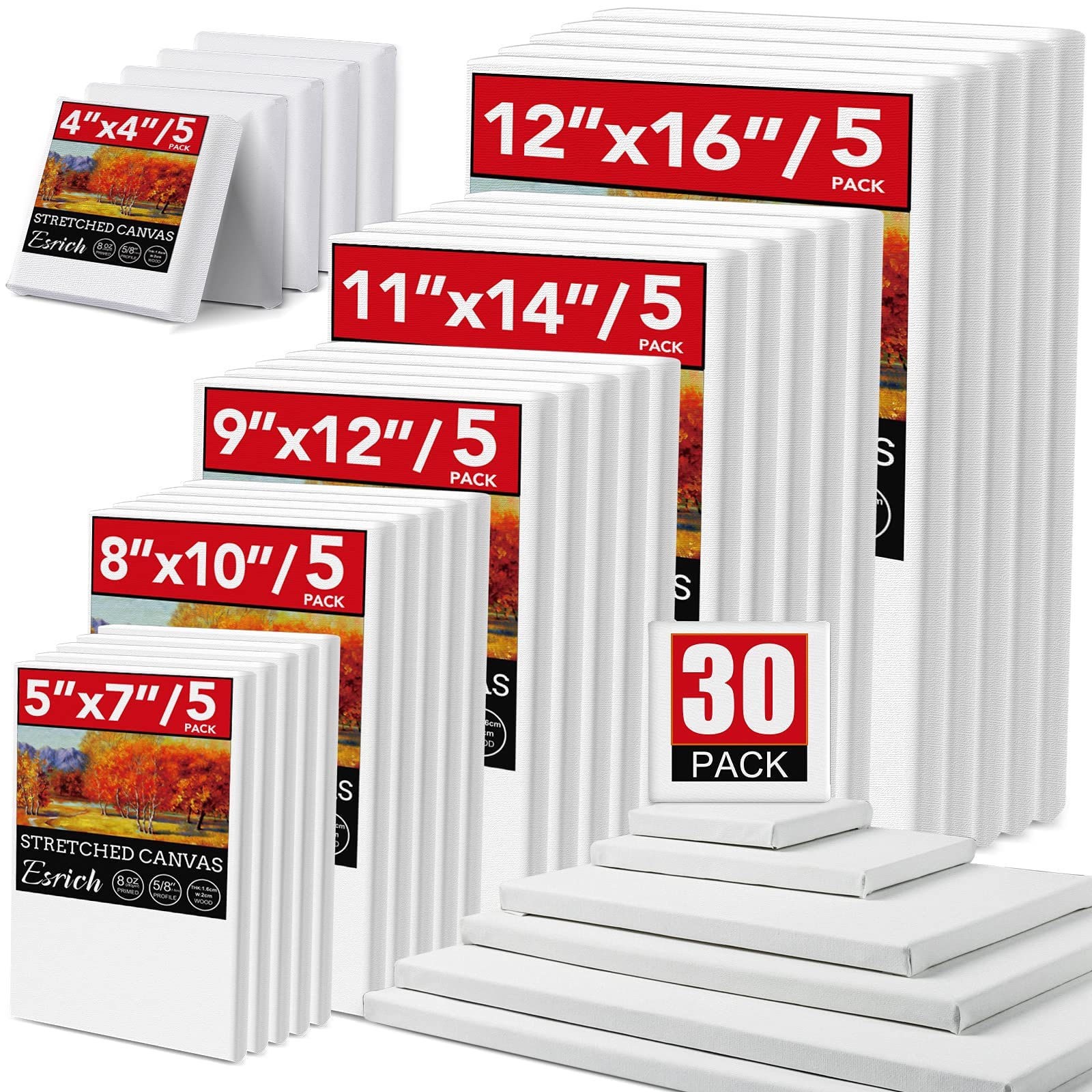 30 Pack Canvases for Painting with 4x4 5x7 8x10 9x12 11x14 12x16