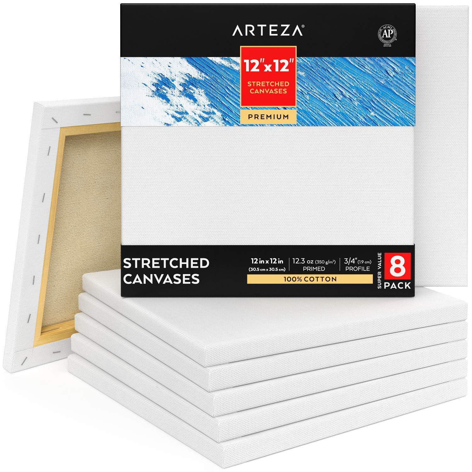 Arteza Stretched Canvases for Painting Pack of 8 12 x 12 Inches Square Blank  Canvases 100% Cotton 12.3 oz Gesso-Primed Art Supplies for Acrylic Pouring  and Oil Painting White - Premium 12x12 pack of 8