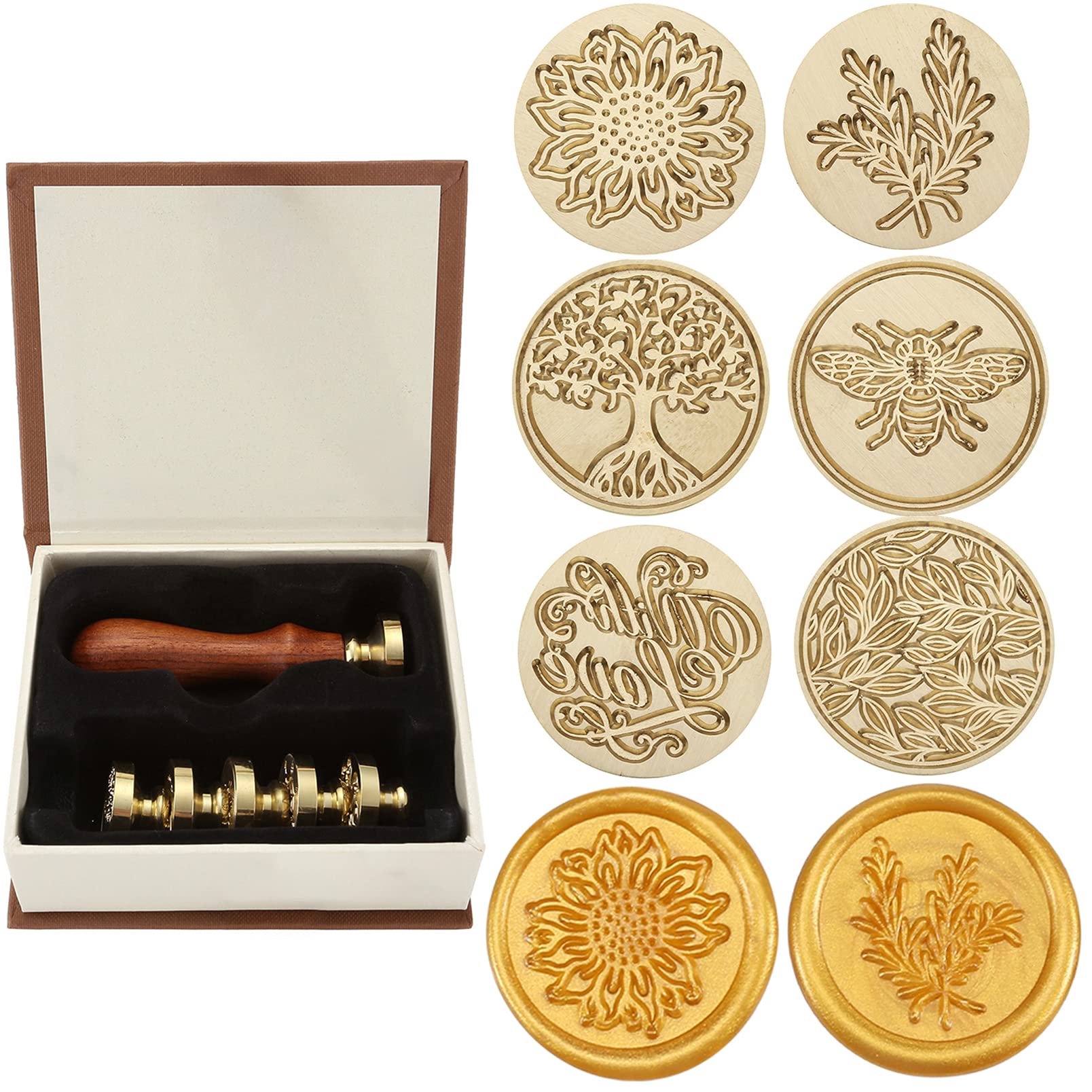 Wax Seal Stamp Set,Yoption 6 Pieces Plant Series Sealing Wax Stamp Heads +  1 Wooden Hilt, Vintage Seal Wax Stamp Kit with Gift Box (Sunflower+Tree of