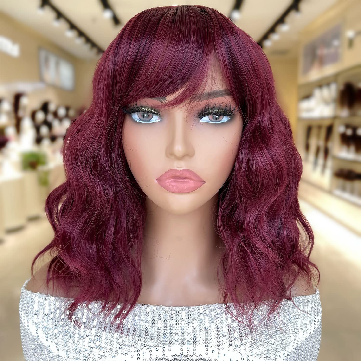 SOKU Bob Wavy Wig with Bangs Burgundy 14 Inch Natural Wave Hair