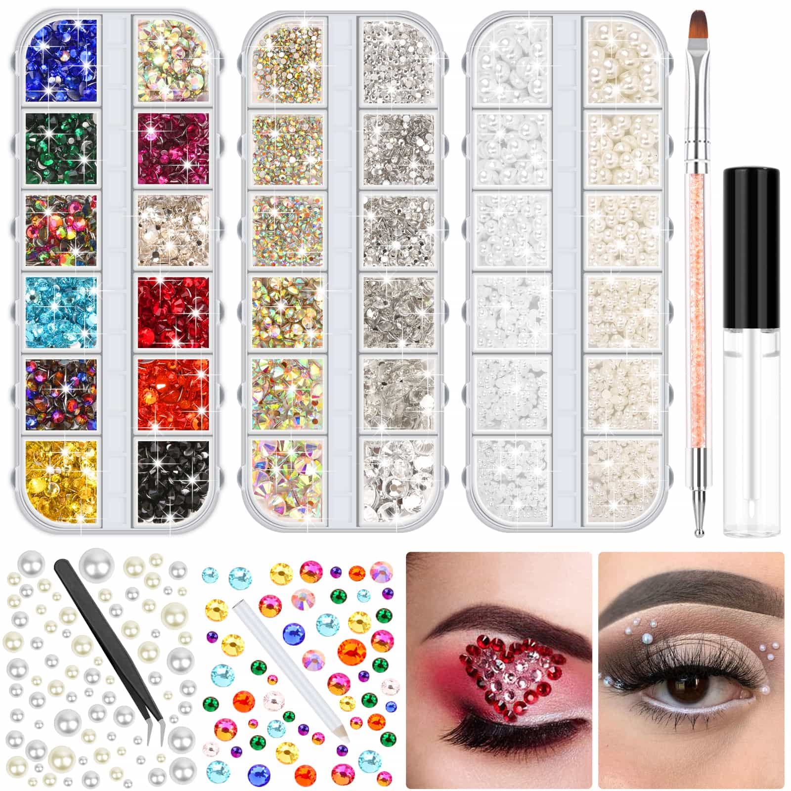 Hair Face Gems Rhinestone Kit with Makeup Glue, Colorful Jewels AB&Clear  Rhinestone Set, Wax Pencil Tweezer and Brush for Face Eye Hair Body Makeup
