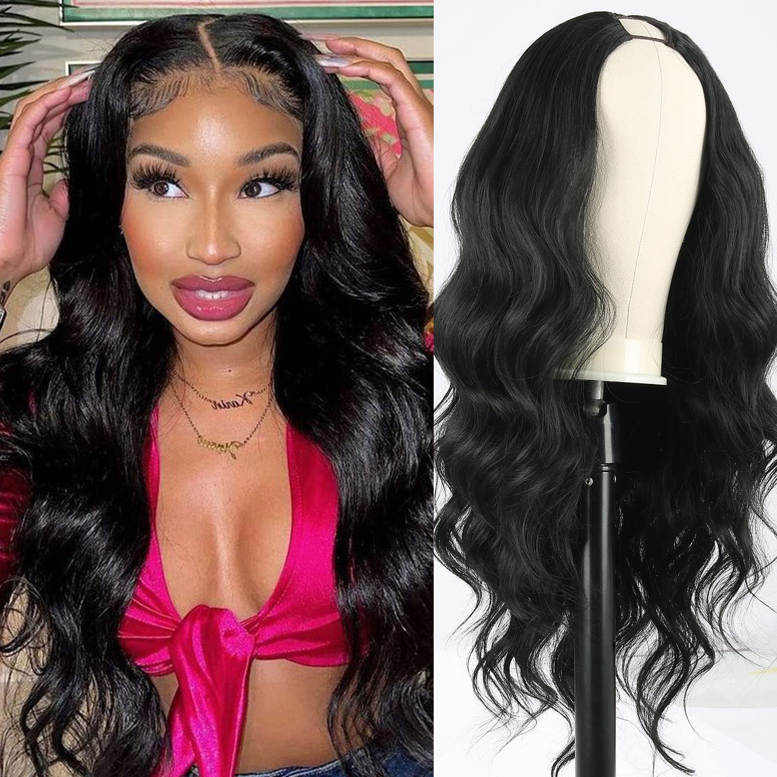 SCENTW V Part Wig Body Wave Synthetic Wigs for Women 24inch Black