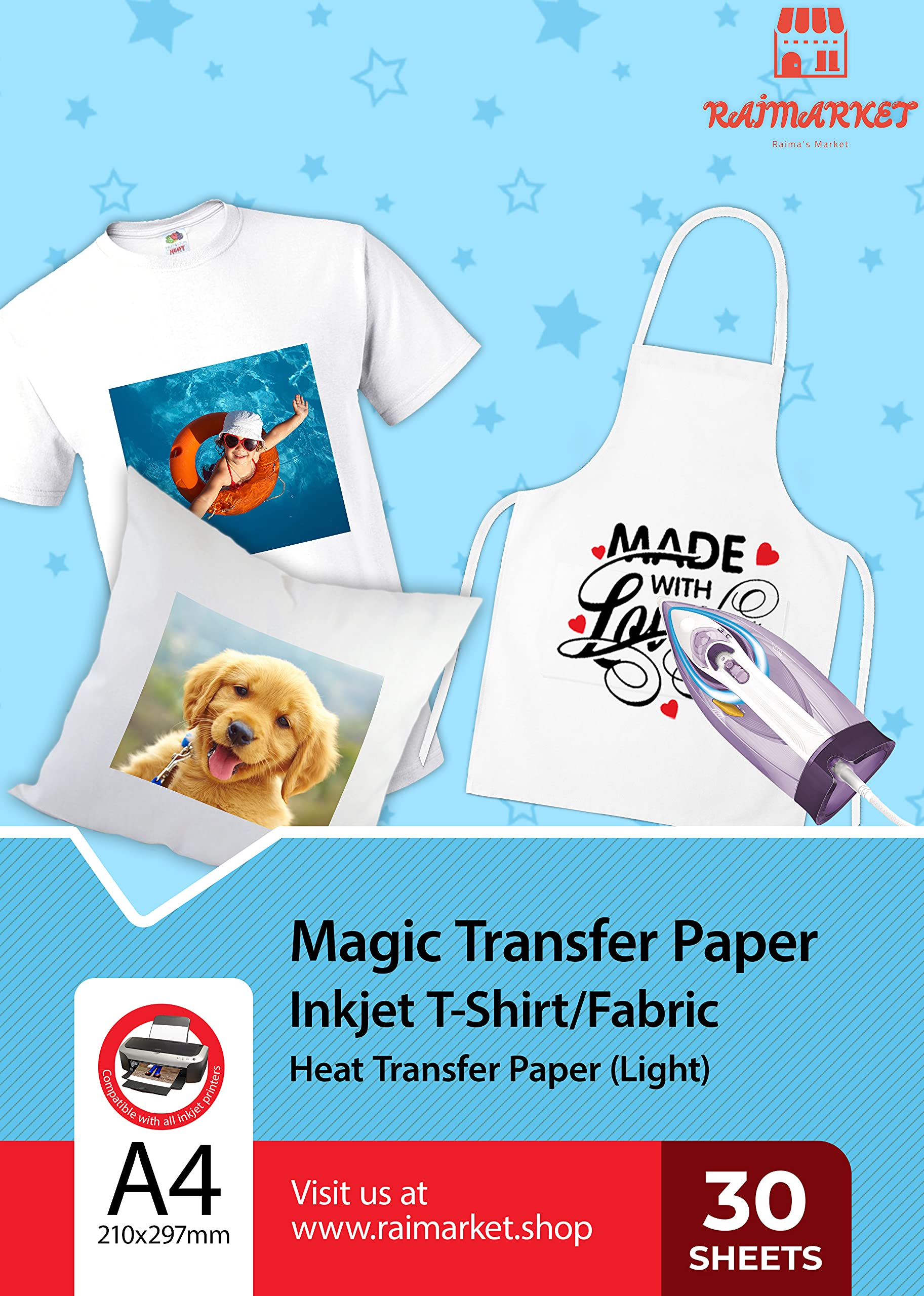 Heat Transfer Paper for T Shirts by Raimarket, Printable Iron on Transfers  for T Shirts and White/Light fabrics