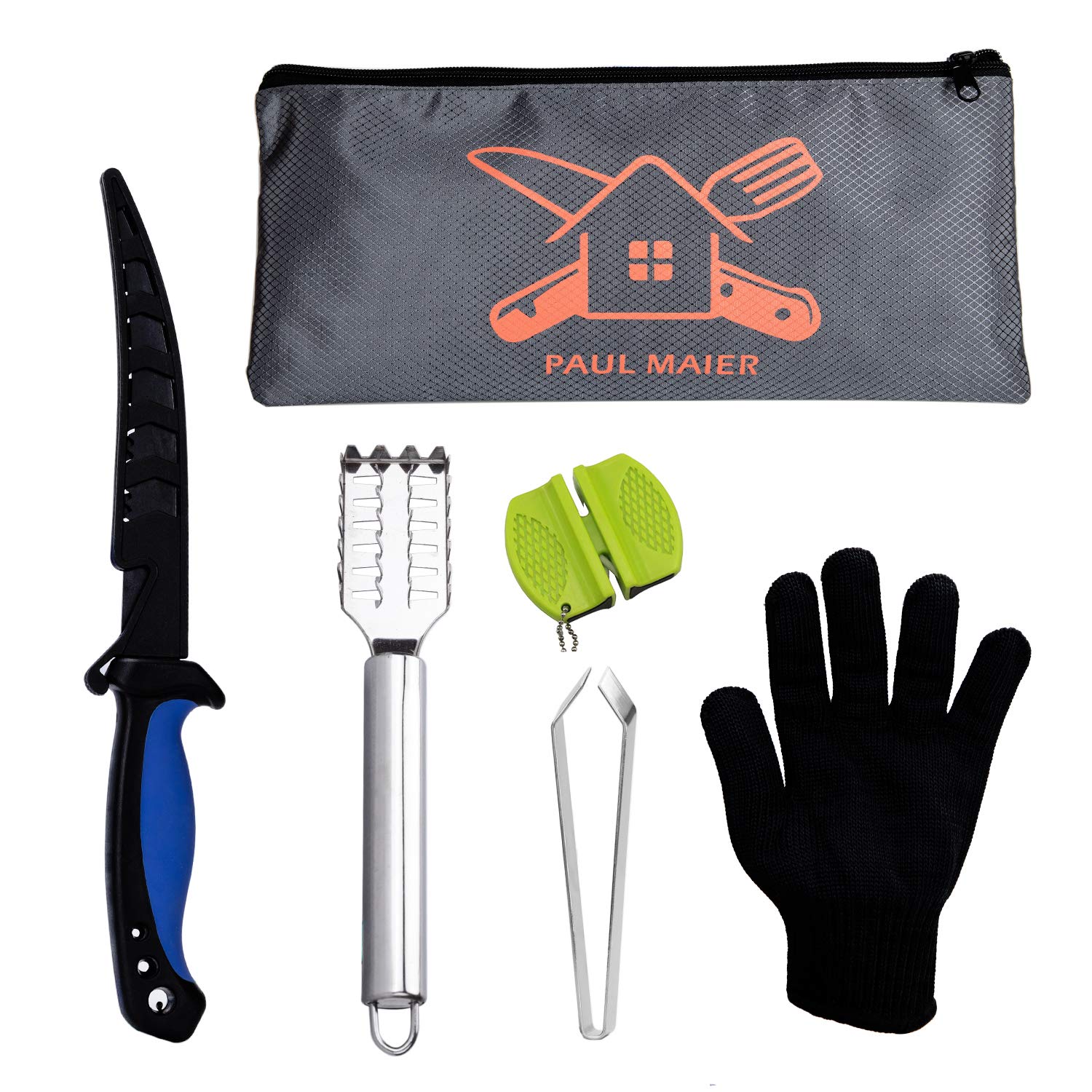 Fish Cleaning Kit6-Piece ,FishFillet Knife With  Scabbard,Cut-resistantGloves,Fish Scale Remover Double-sided Sharpening  Stone,Fishbone Tweezers,Storage Bag : : Sports & Outdoors