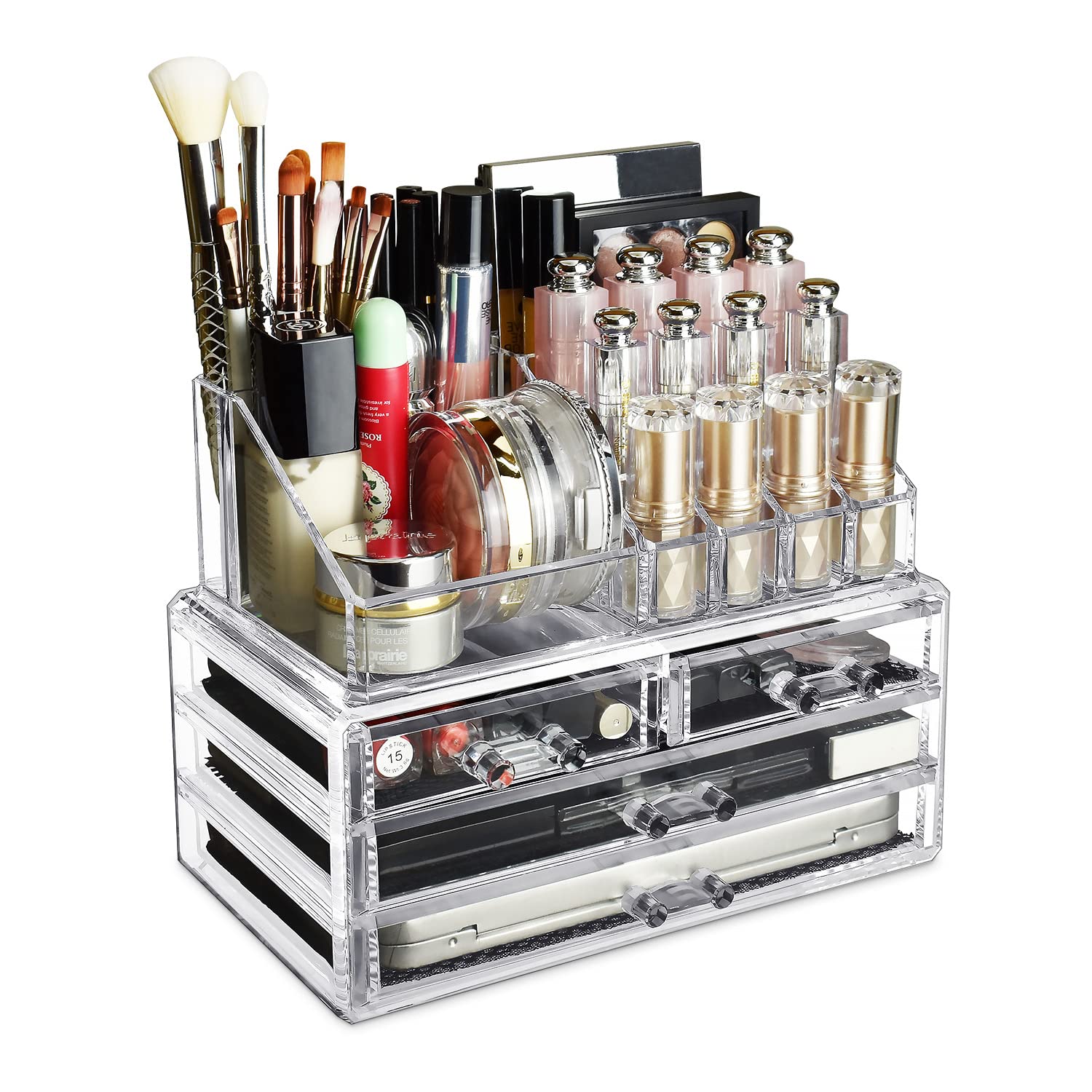 Ikee Design Clear Cosmetic Storage Organizer, Clear Makeup Organizer Cosmetic Display Case for Vanity, Bathroom Counter or 1) 1 Top 4 Drawers