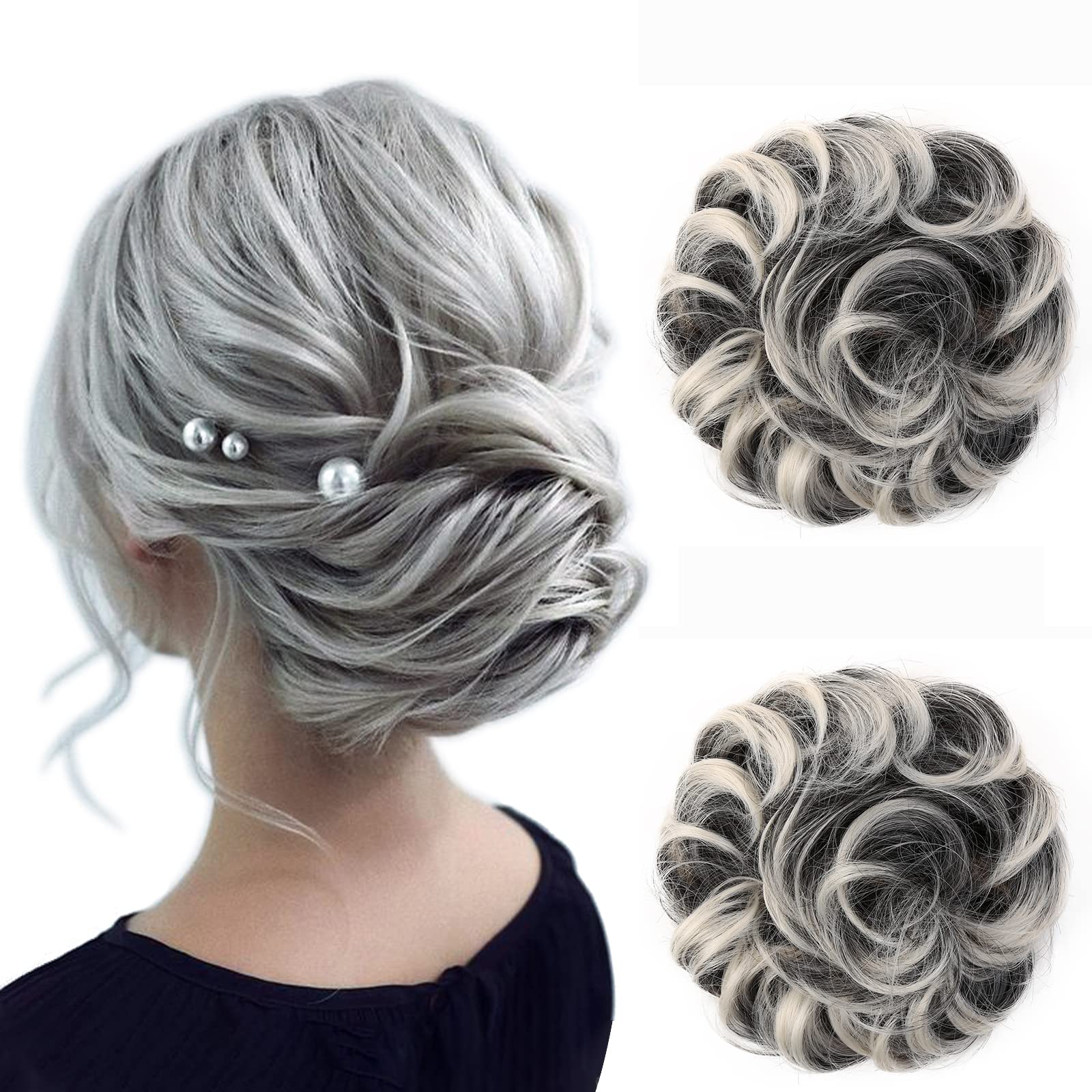 JJstar 2PCS Messy Bun Hair Piece Curly Fake Hair Buns Donut