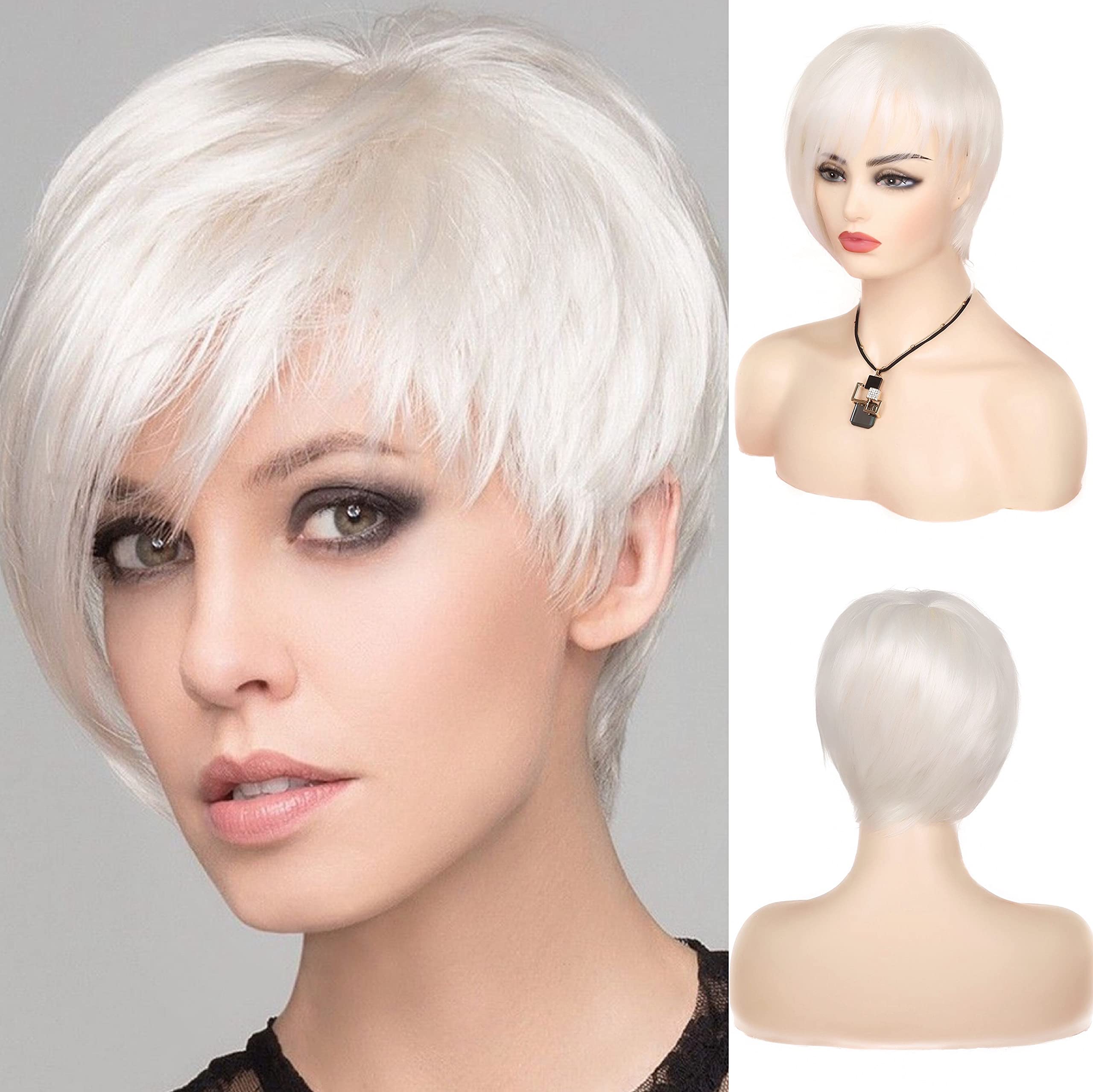 Sallcks Short White Wig Pixie Natural Straight Asymmetric Wig