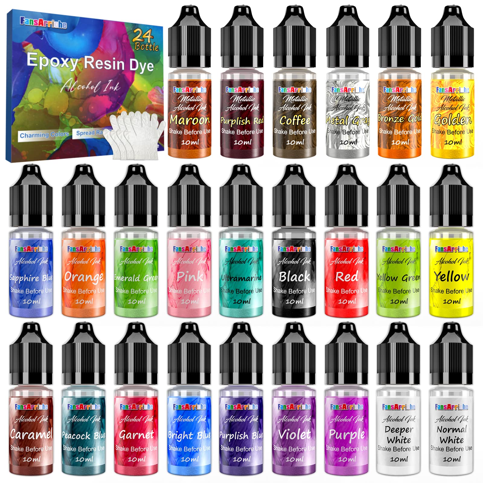Alcohol Ink Set - 24 Vivid Colors, Concentrated Alcohol-Based Ink, Epoxy  Resin Paint with Metallic Color