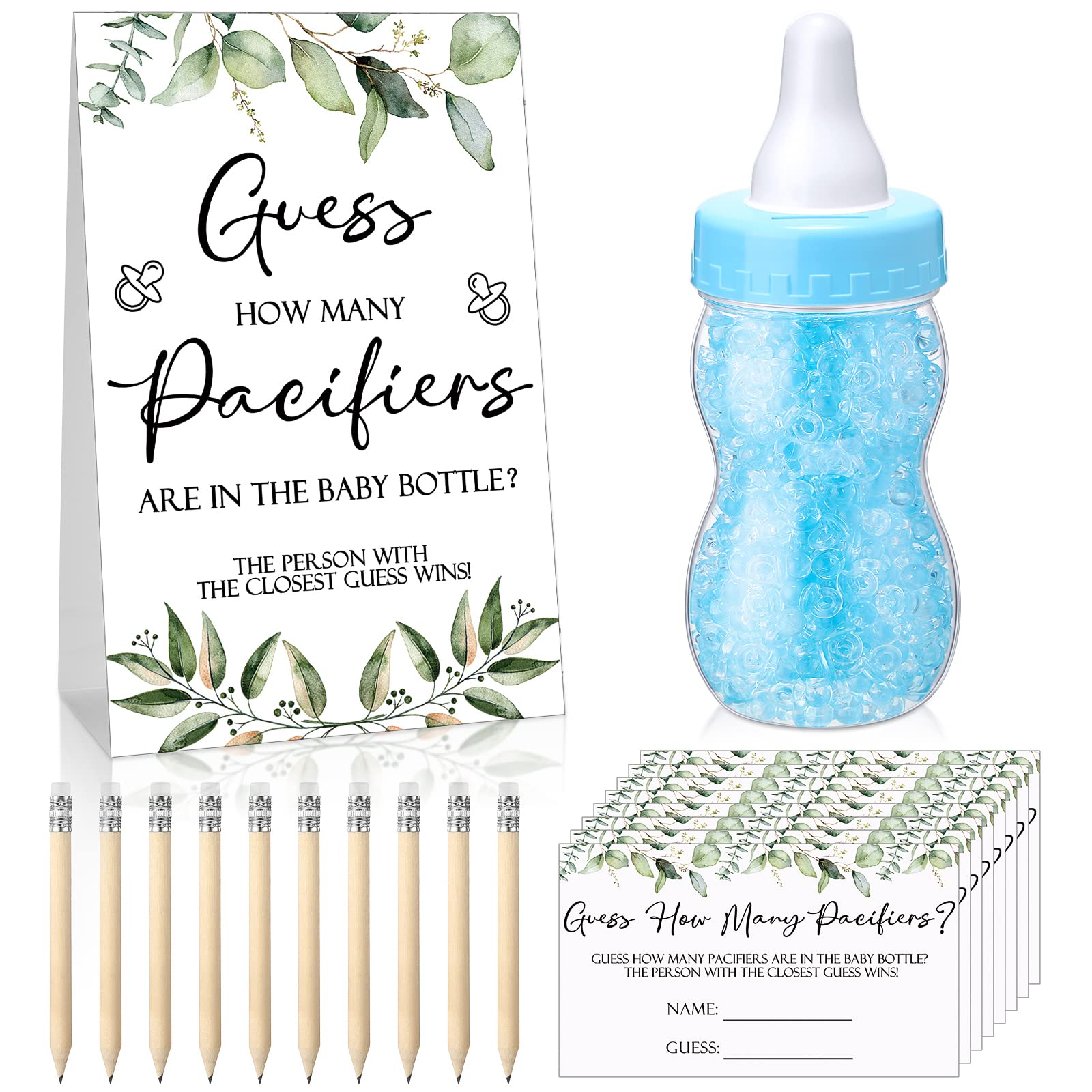 Baby Shower Games Guess How Many Pacifiers Greenery Game Sign 100 Small  Guessing Games 10 Hb Pencils 750 ml Milk Bottle 400 Acrylic Pacifiers  Decorations Guests Gender Reveal Party Favors (Blue) Blue Plant