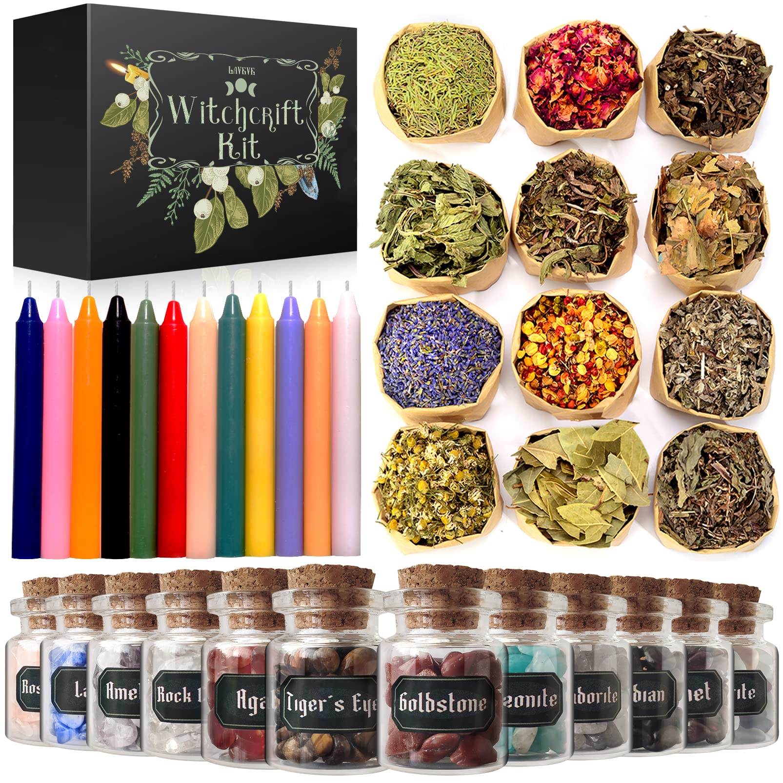 Witchcraft Supplies Kit for Spells, 48 PCS Witch Box Include Dried Herbs,  Crystal Jars, Colored Candles, Parchment. Wiccan Supplies and Tools,  Beginner Witchcraft Kit Witch Stuff for Pagan, Rituals