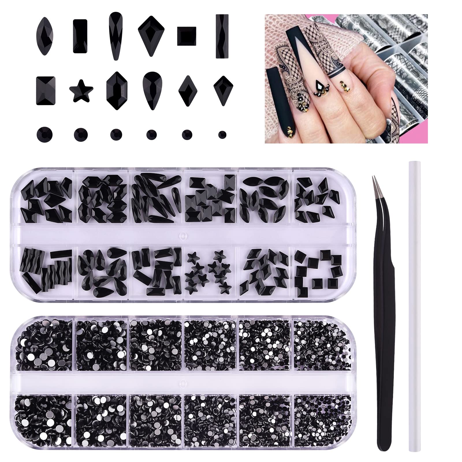 3120 Pcs Black Nail Art Rhinestones Kit EBANKU Mixed Shape Nail