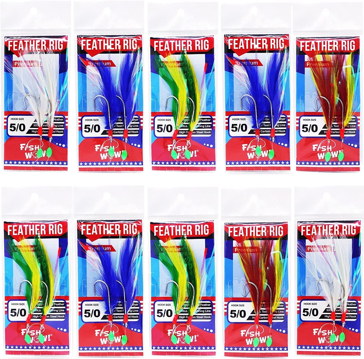 10pks Colors Fish WOW! Fishing Feather Rig Rockfish Rigged Rock cod Lures  Jigging Rig with 5/