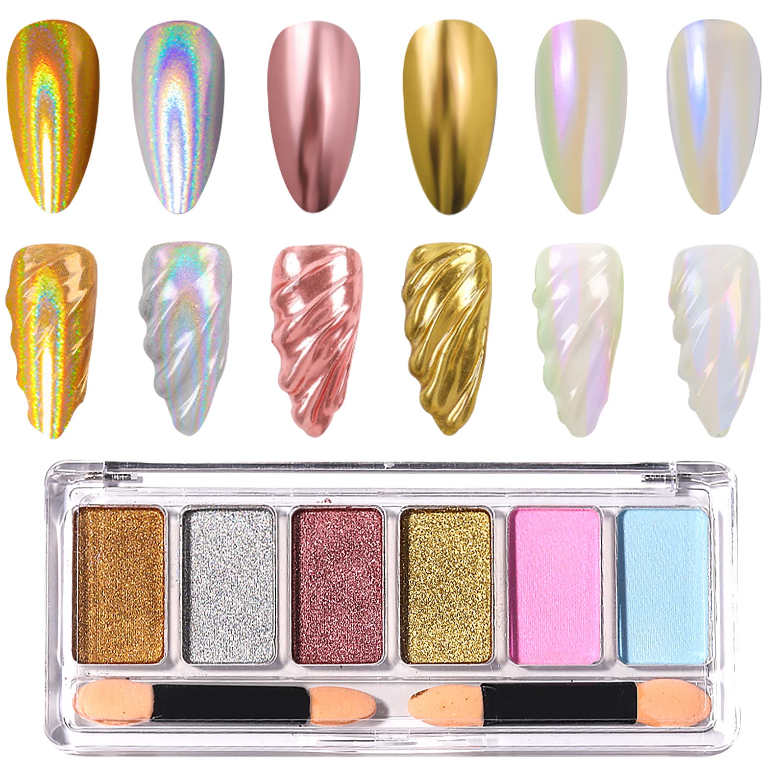 Chrome Nail Powder, canne 4Colors Mirror Holographic Aurora Iridescent  Pearlescent Nail Pigment Powder with Eyeshadow Sticks