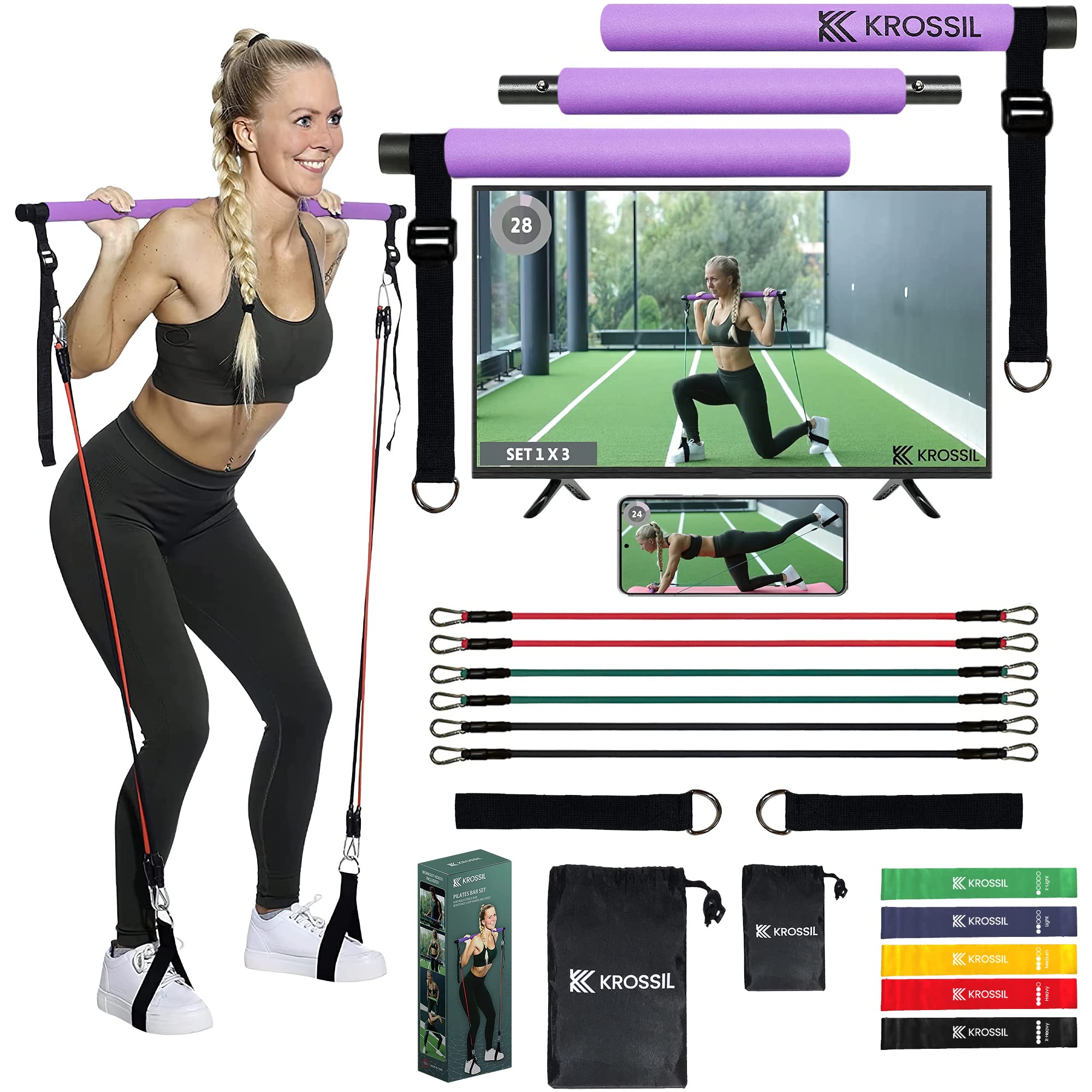 Pilates Bar Kit with Resistance Bands - Workout Equipment for Home