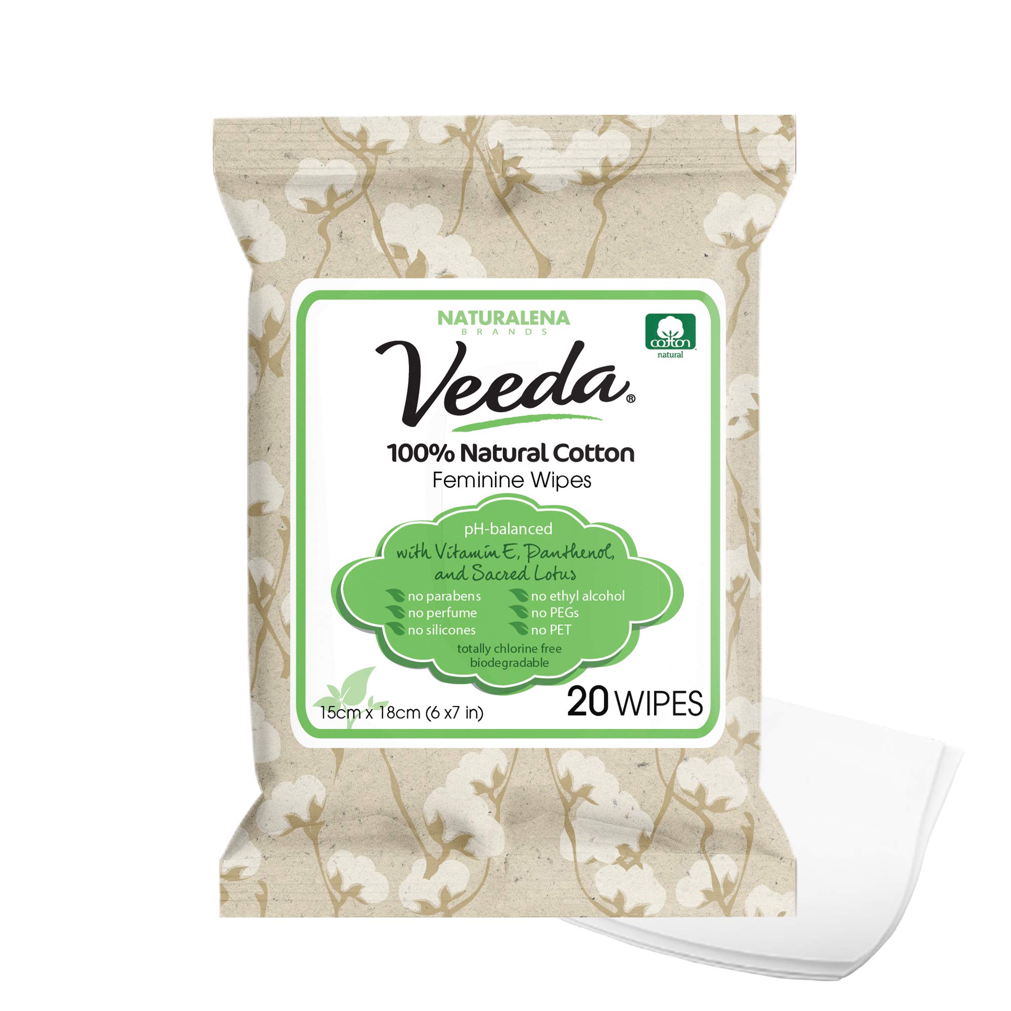 Veeda 100% Natural Cotton PH Balanced Hypoallergenic Feminine Wipes Safe  Cleansing Cloths for Sensitive Skin, 20 Count