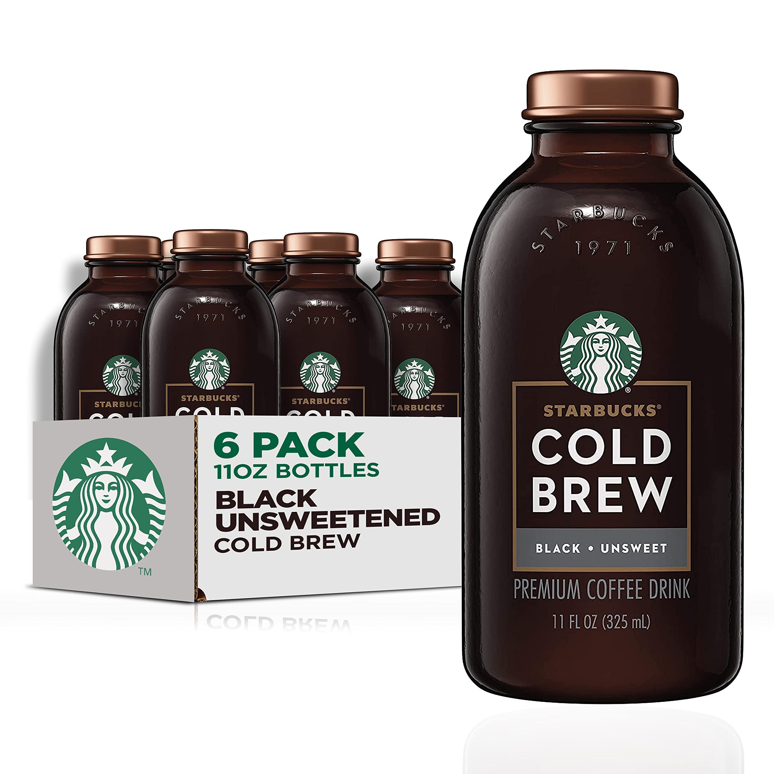 Starbucks Cold Brew Coffee, Black Unsweetened, 11 oz Glass Bottles, 6 Count  Black Unsweetened 11 Fl