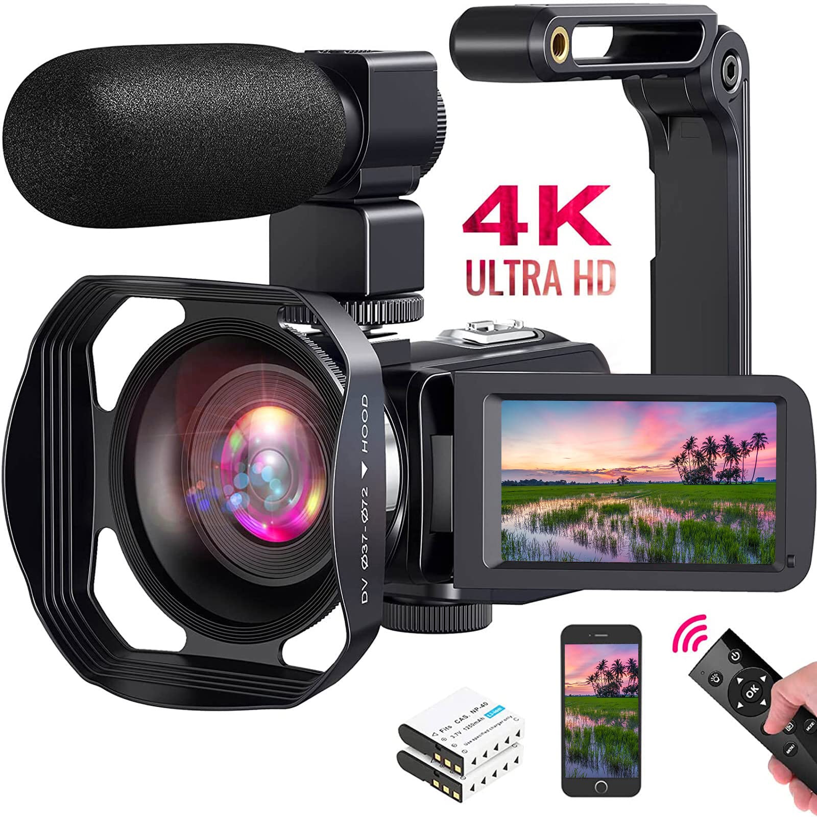 Video Camera 4K Camcorder 48MP Video Camera with Microphone 16× Digital  Zoom  Camera 3'' Touch Screen and Remote Control