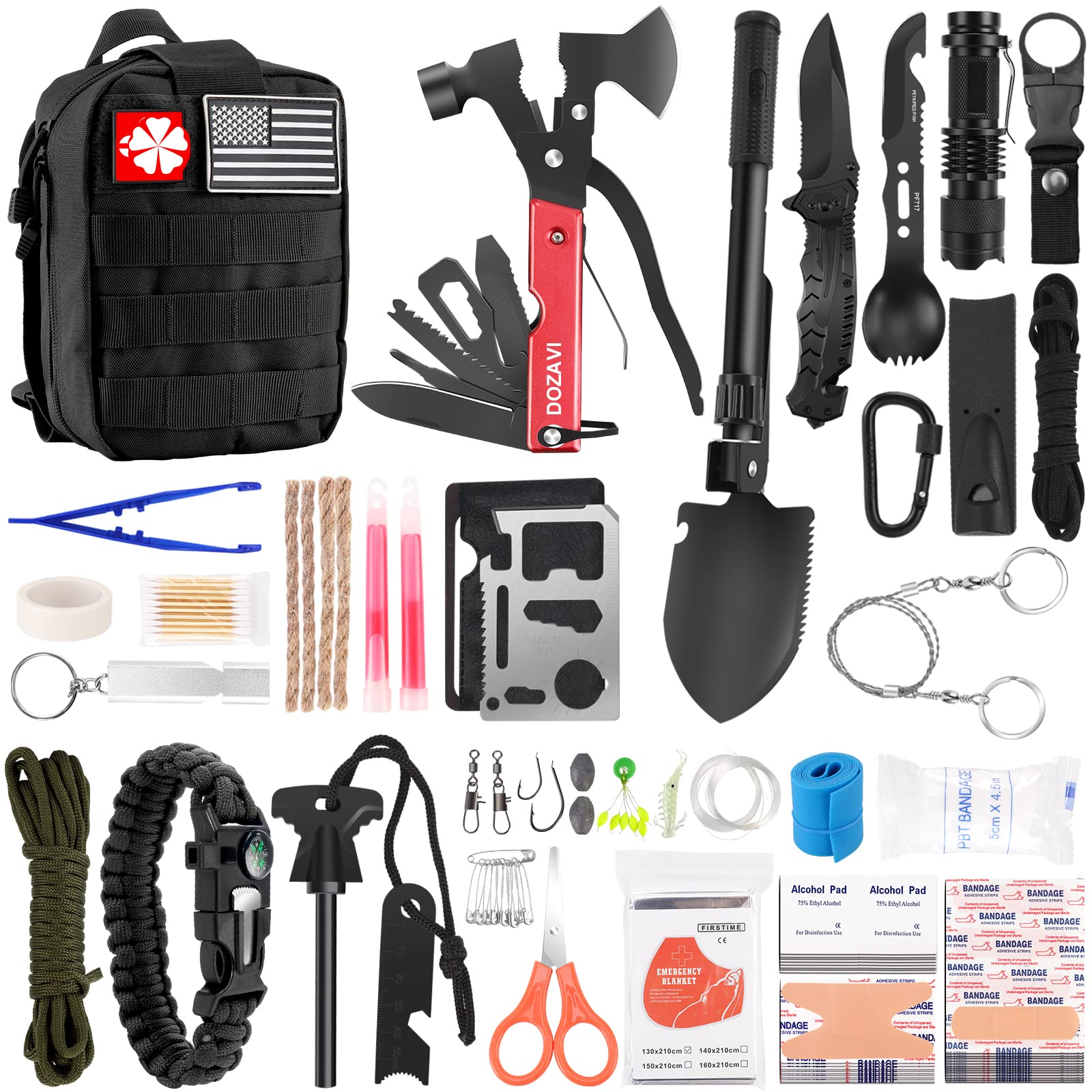 Emergency Survival Kit First Aid Kit, 121Pcs Tactical Gear Camping Gear  Emergency Supplies with MOLLE Pouch, Stocking Stuffers for Men Camping  Hiking