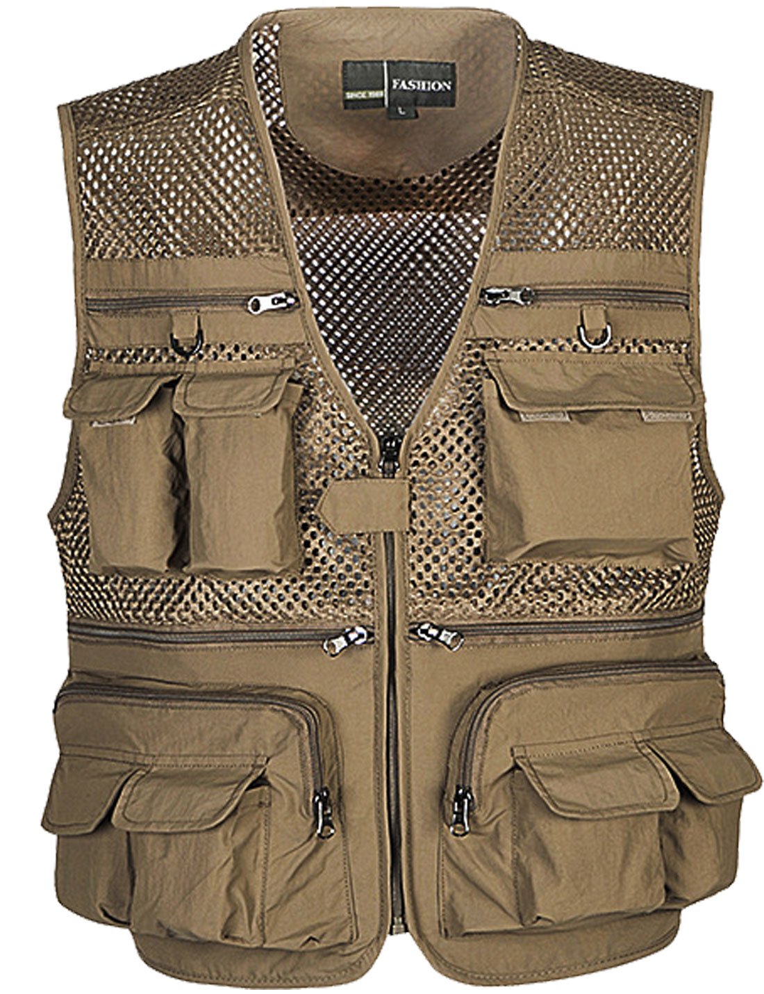 Flygo Mens Summer Outdoor Work Safari Fishing Travel Photo Vest with Pockets  Medium Khaki-mesh