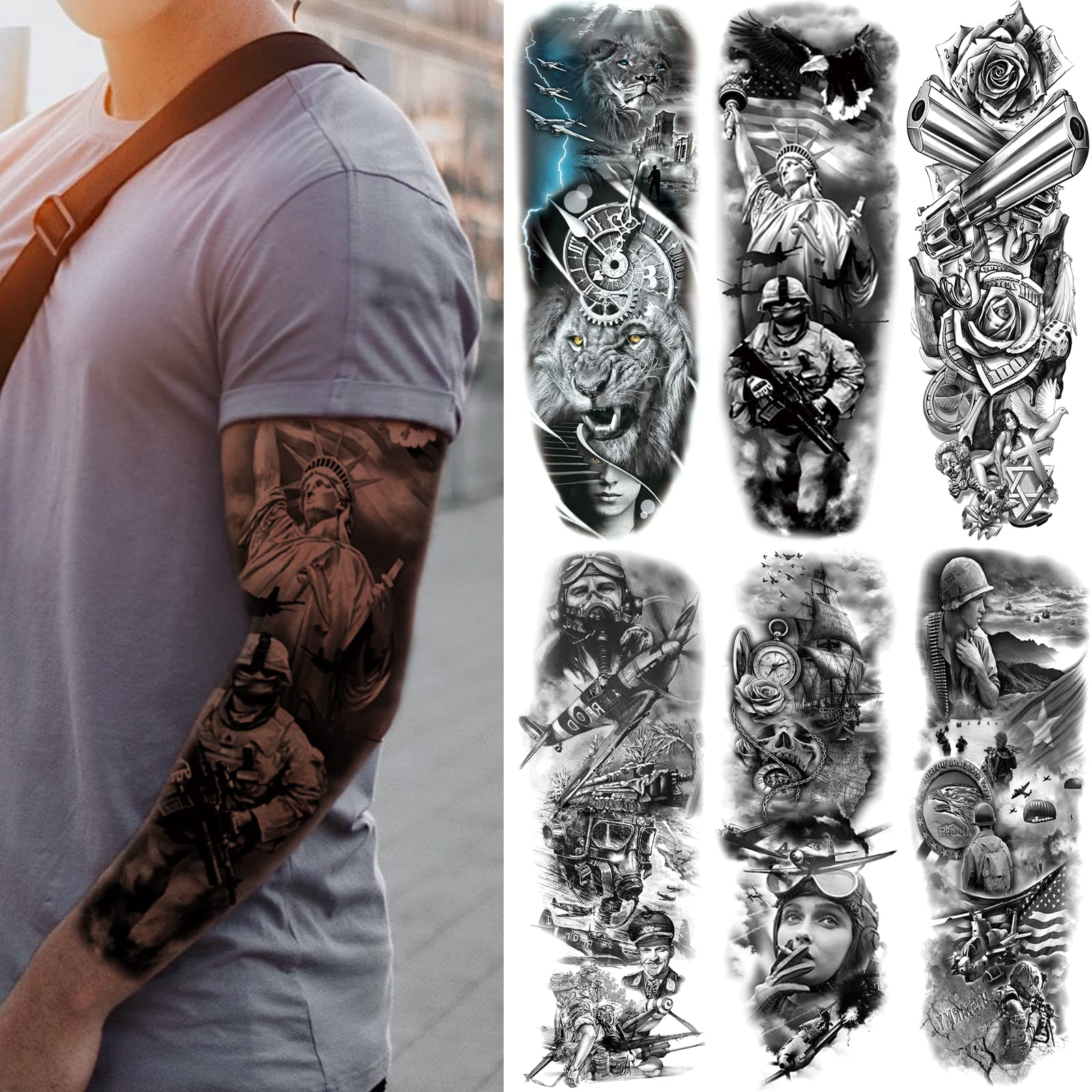 Large Arm Sleeve Tattoo Rose Flowers Clock Waterproof Temporary Tatto  Sticker Pocket Watch Time Body Art