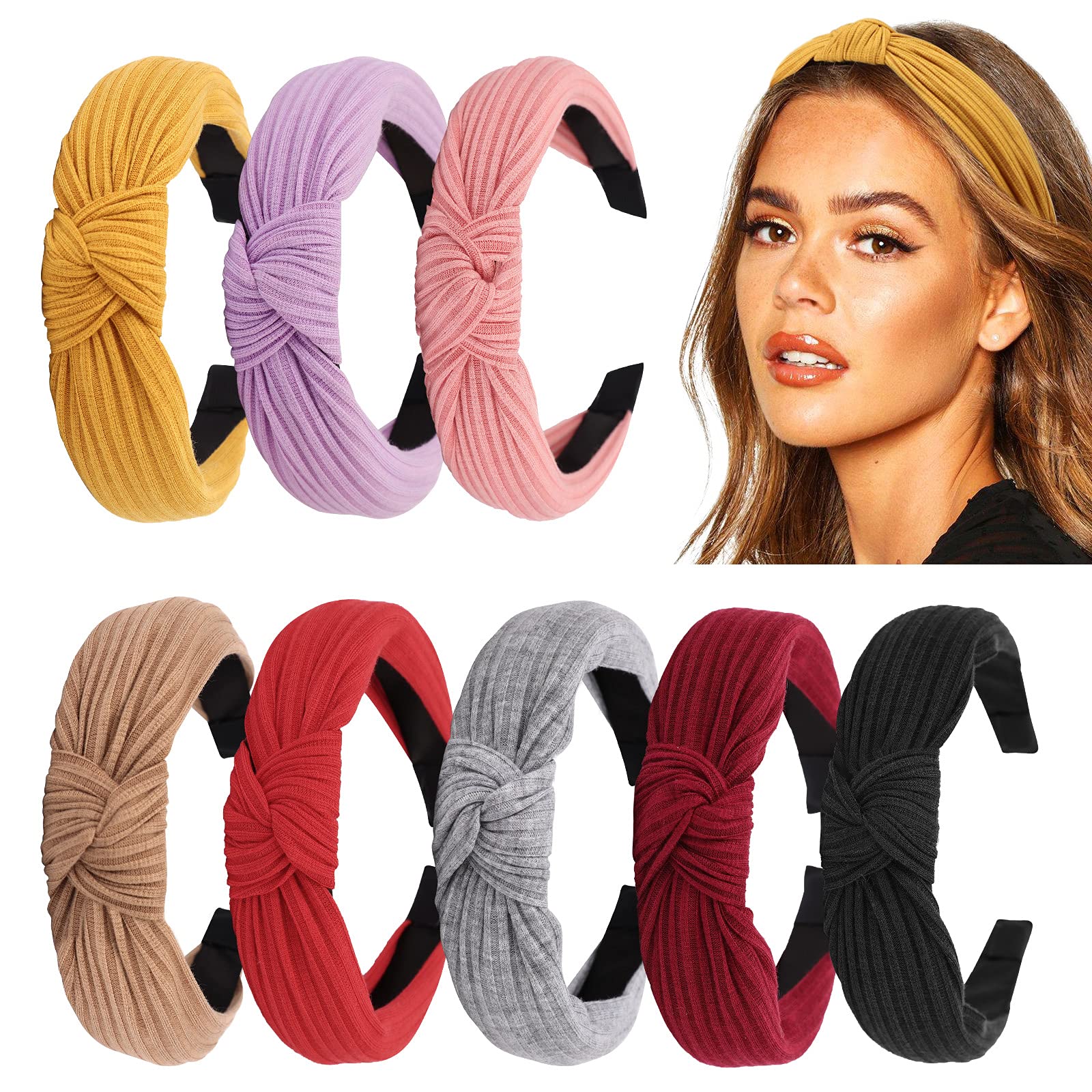 DRESHOW 8 Pack Knotted Headbands For Women Wide Turban Headband Yoga  Exercise Ribbing Head Wraps Hair