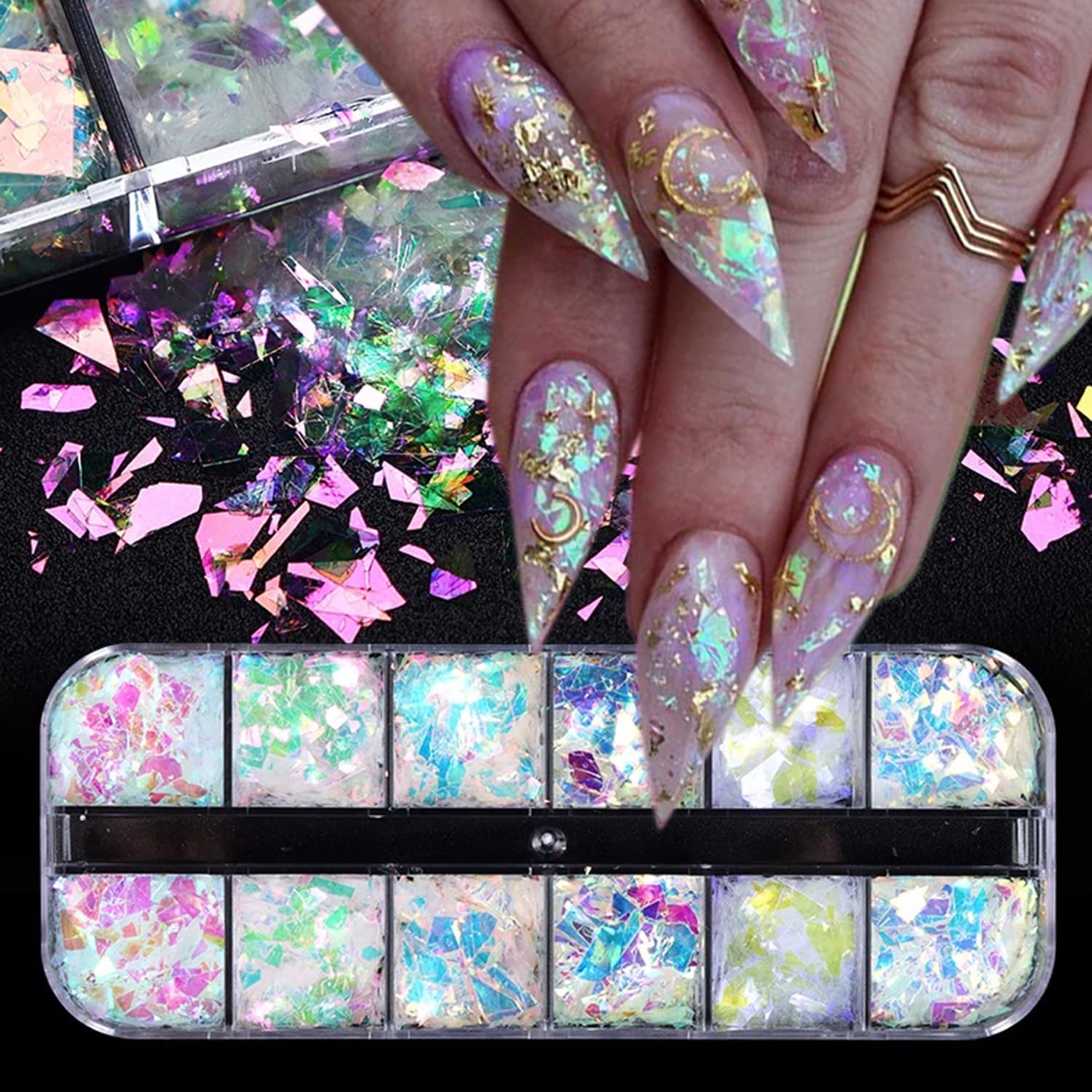  12 Colors Nail Art Glitters Irregular Ice Slag Colorful  Fluorescent Glass Nail Glitter Sequins Holographic Mermaid Flakes Nail  Sequins Nails Decals Nail Art Supplies for Women Girls DIY Acrylic (SP) 
