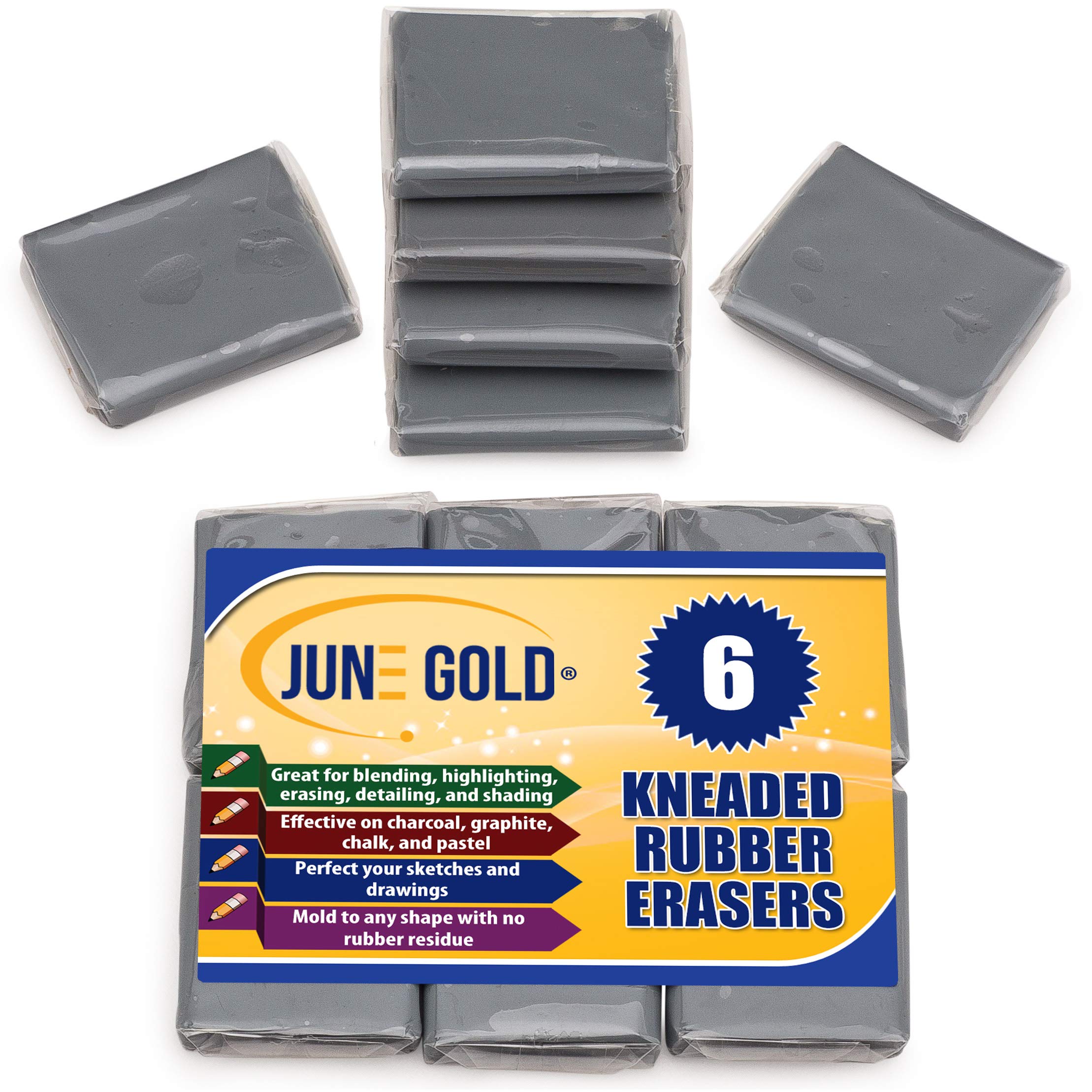 June Gold Kneaded Rubber Erasers Gray 6 Pack - Blend Shade Smooth