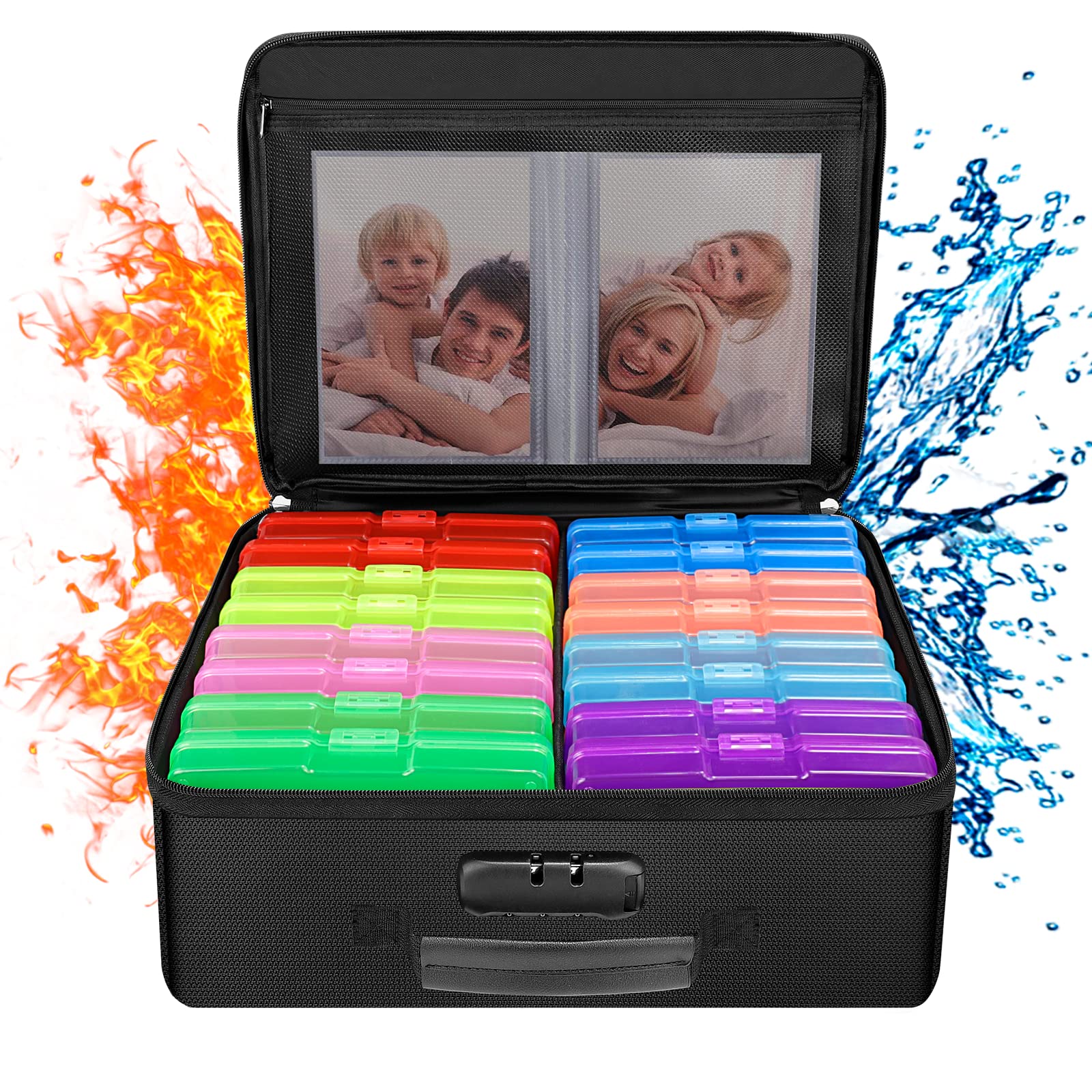 ENGPOW Fireproof Photo Storage Box with 16 Inner 4 x 6 Photo  Cases(Multi-Colored) Photo Organizer Box with Lock Collapsible Portable  Photo Storage Containers with Handle for Photos Picture Craft Box+16  Colored 4