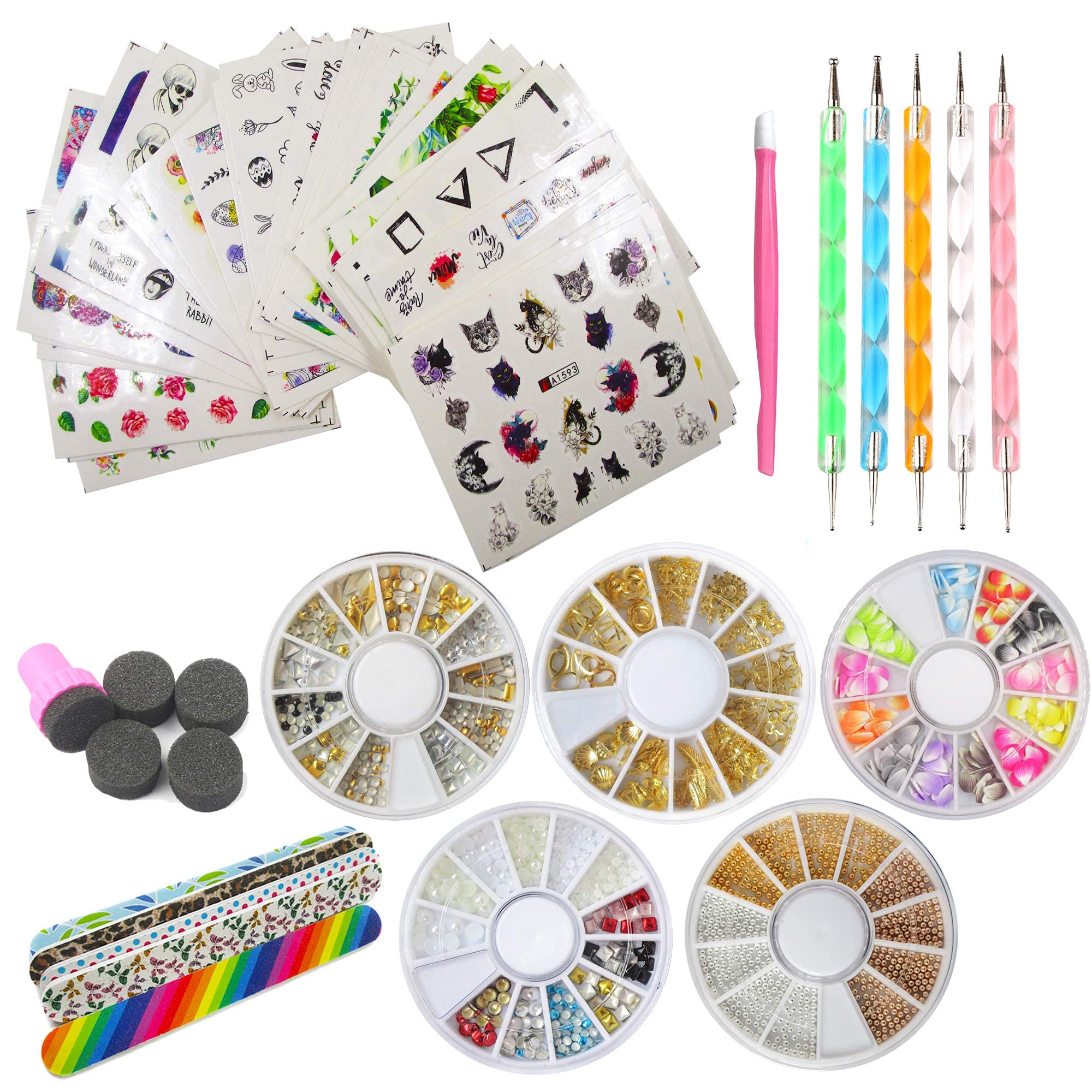 Nail Art Tools Decorations Kit 48 Sheet Water Transfer Nail Sticker Decals,  5 Nail Rhinestones Bead Gold Metal Studs, 5 Nail File Buffer,5 Nail Dotting  Pen for Manicure DIY Fingernails Designs Multicolor