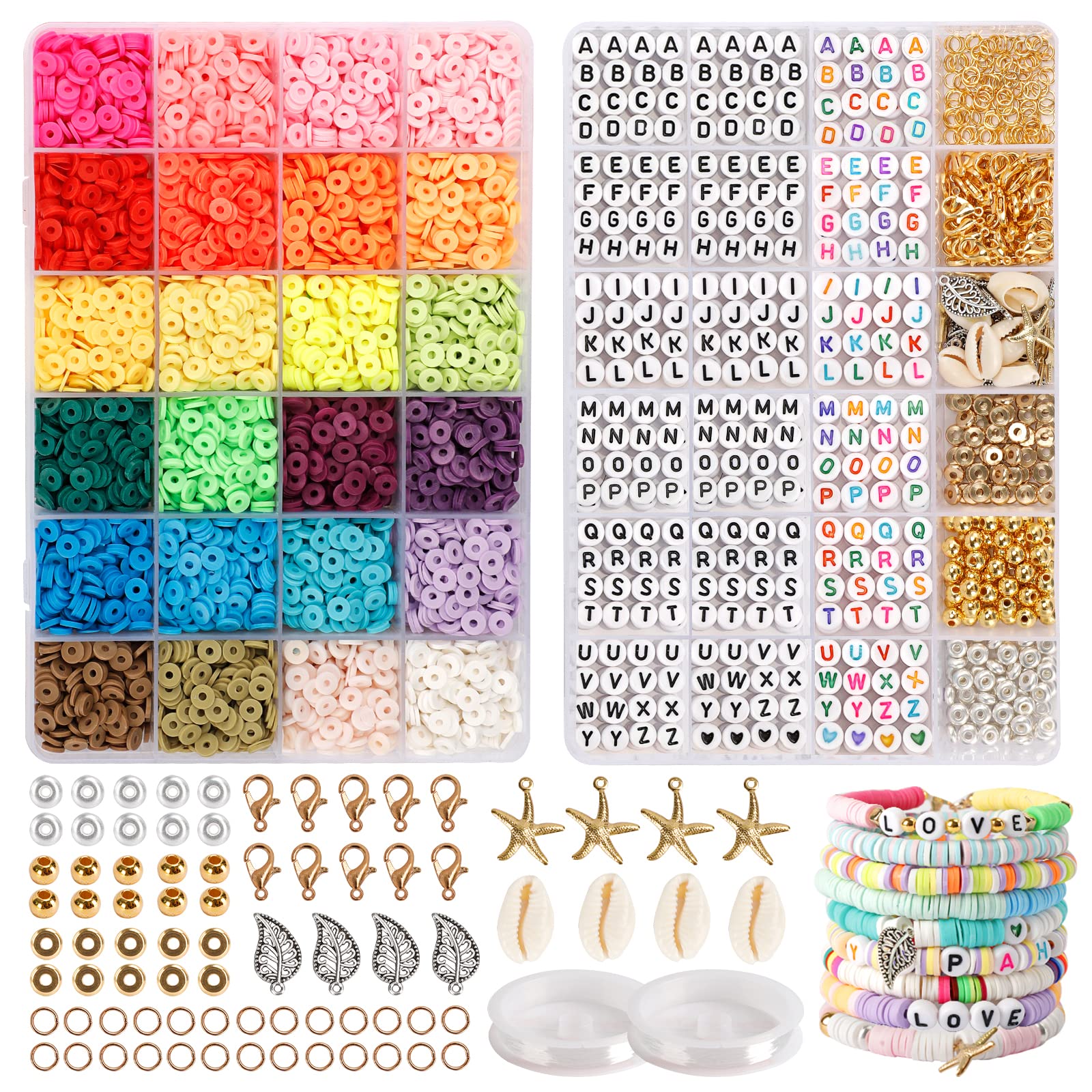 QUEFE 6000pcs 24 Colors Clay Beads for Bracelets Making Kit, Charm